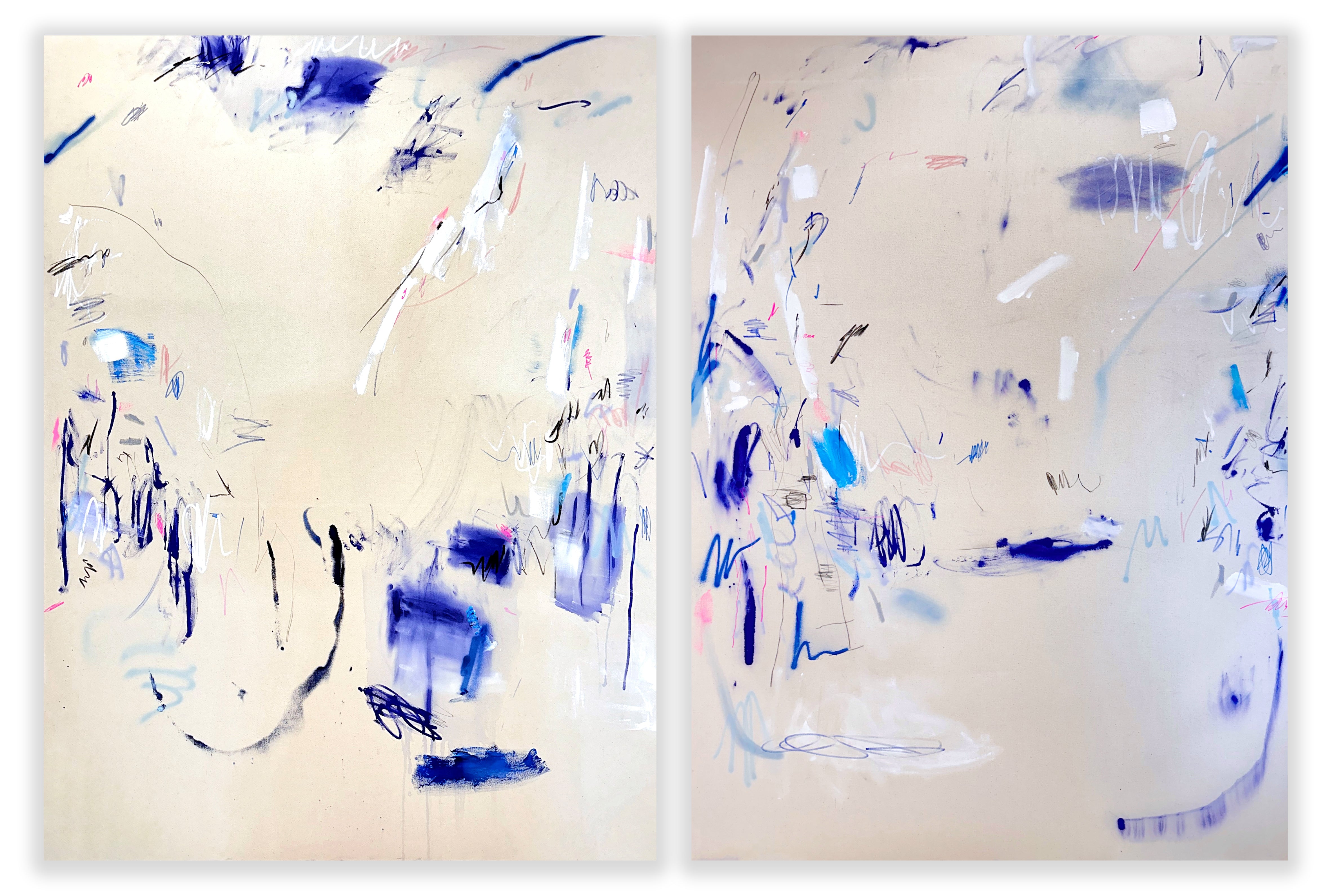 A pair of paintings with blue and white paint on them.