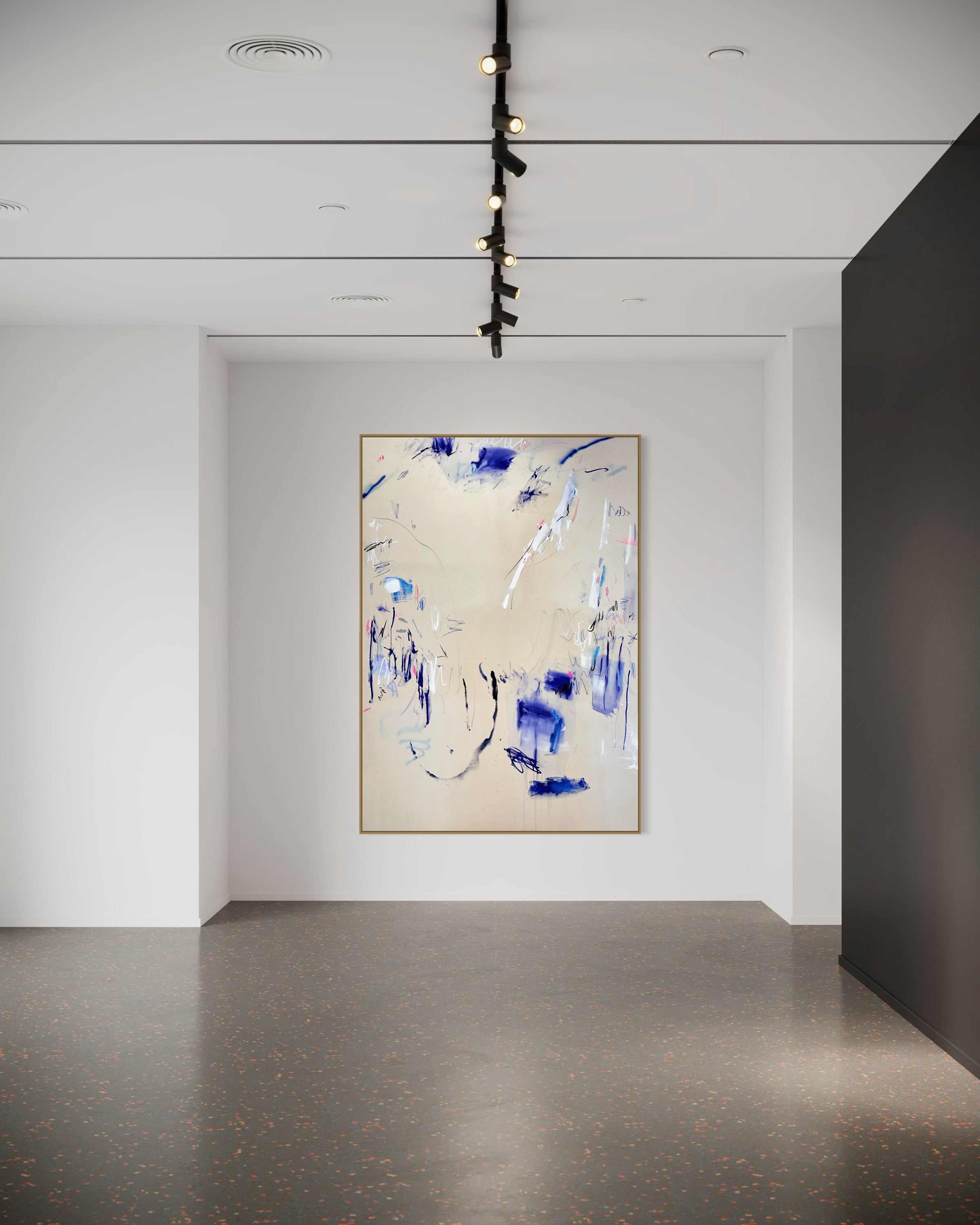 A pair of paintings with blue and white paint on them.