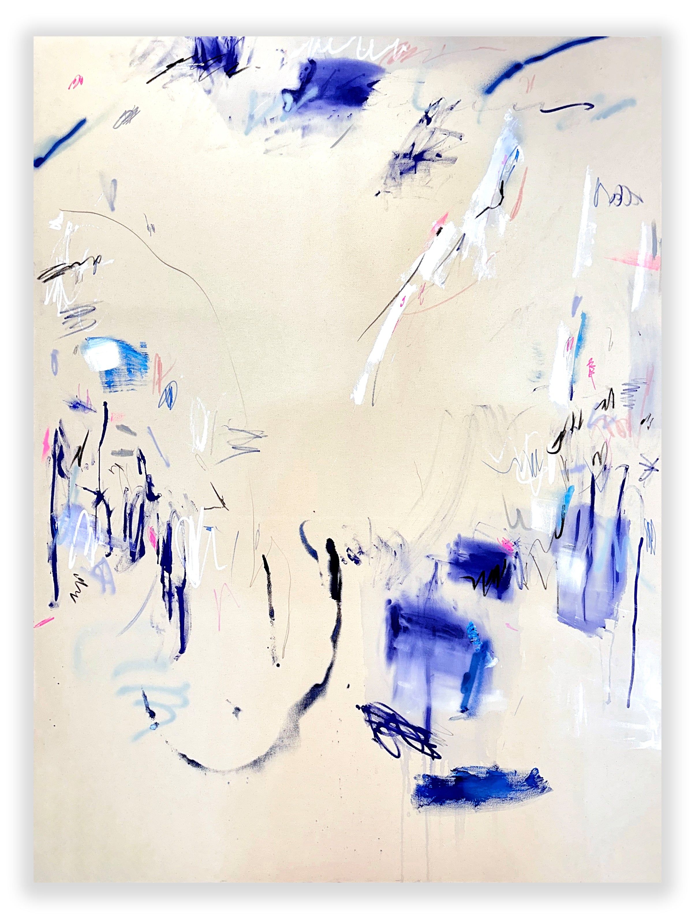 A pair of paintings with blue and white paint on them.