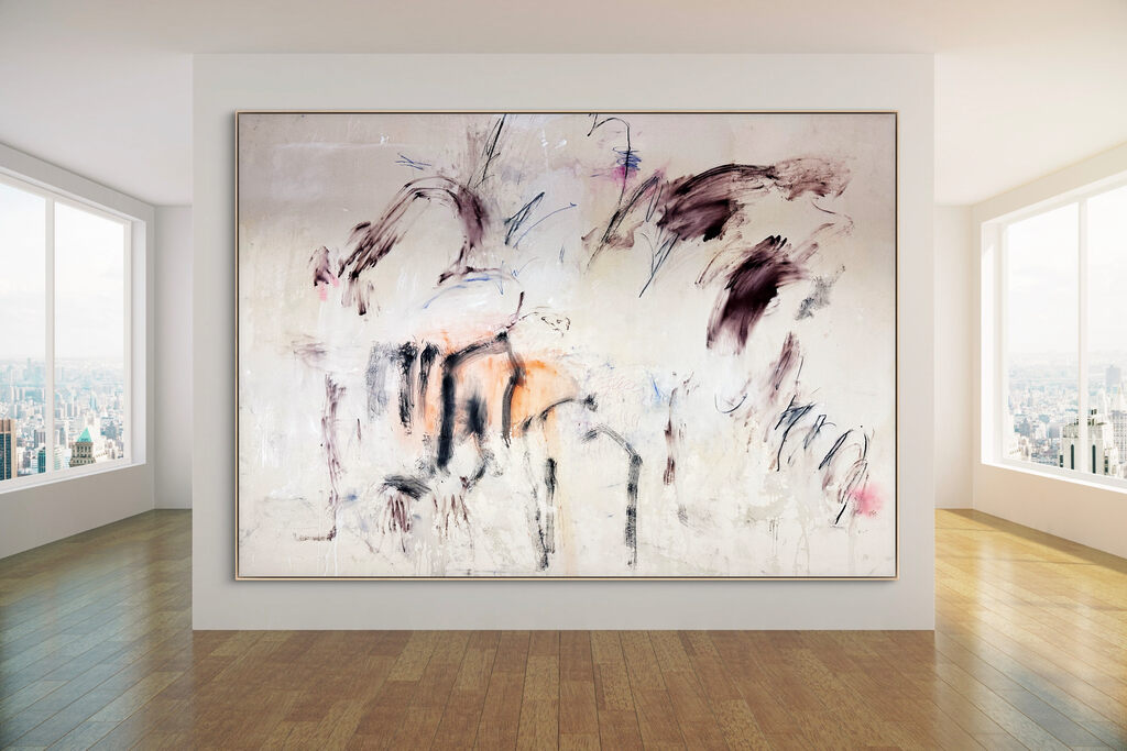 A painting of a group of people standing in a field.