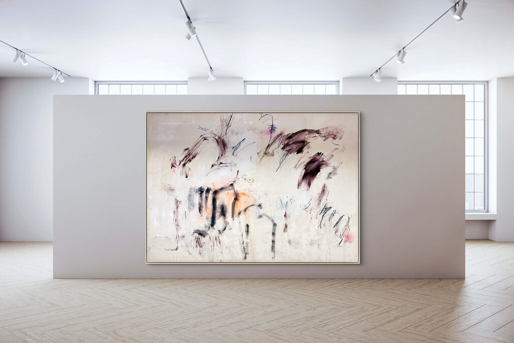 A painting of a group of people standing in a field.