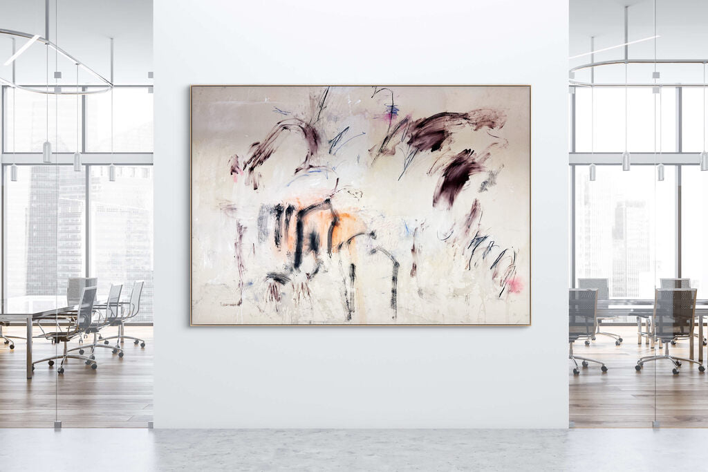 A painting of a group of people standing in a field.