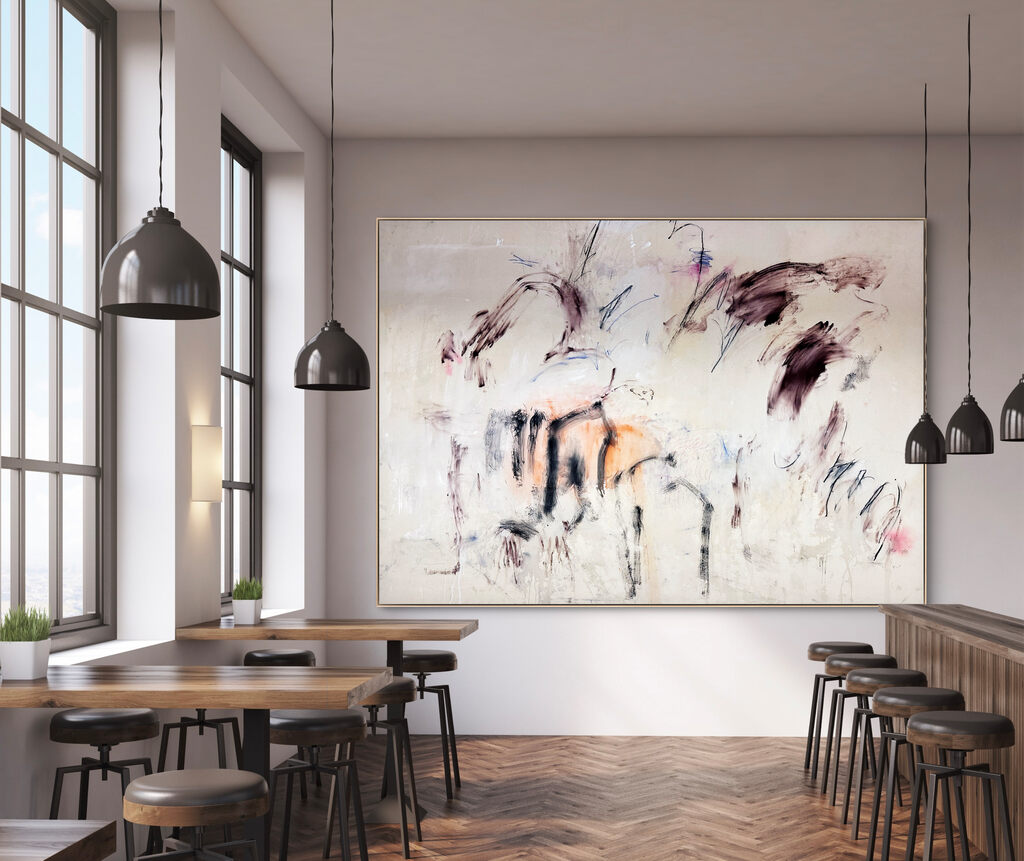 A painting of a group of people standing in a field.