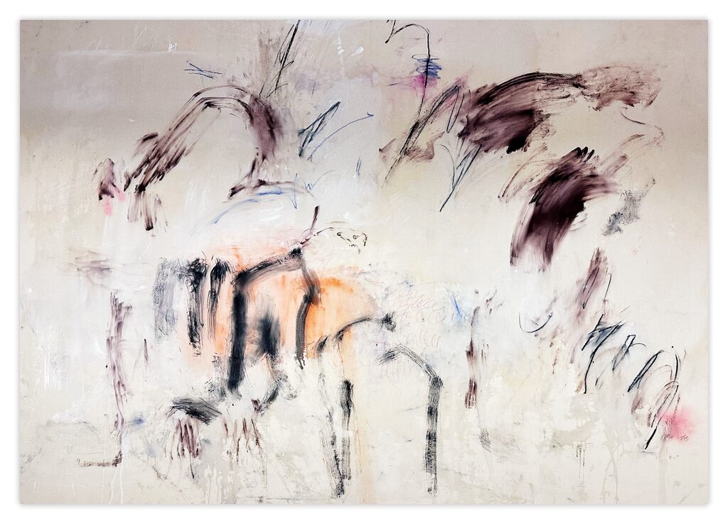 A painting of a group of people standing in a field.