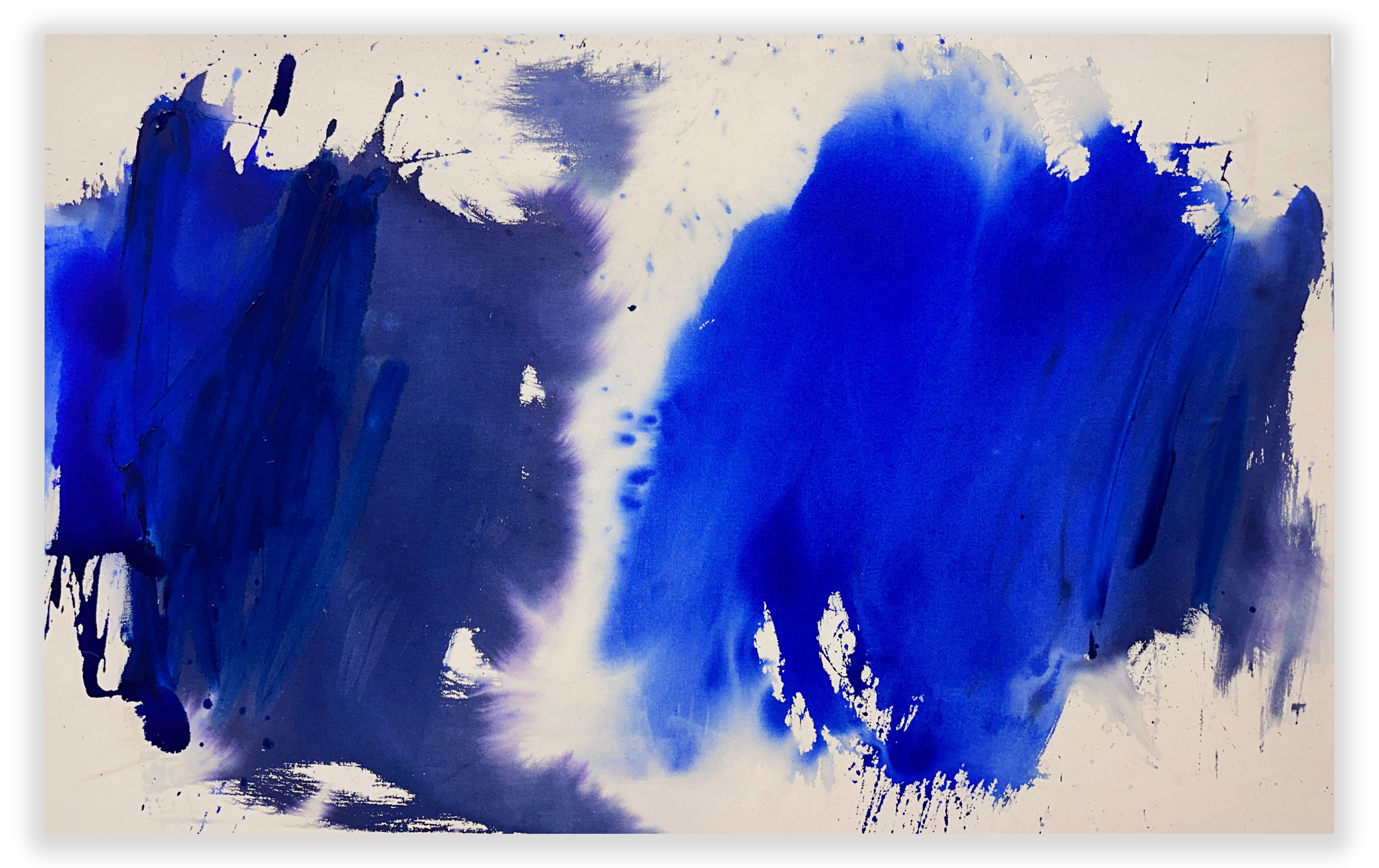 A blue and white painting on a white background.