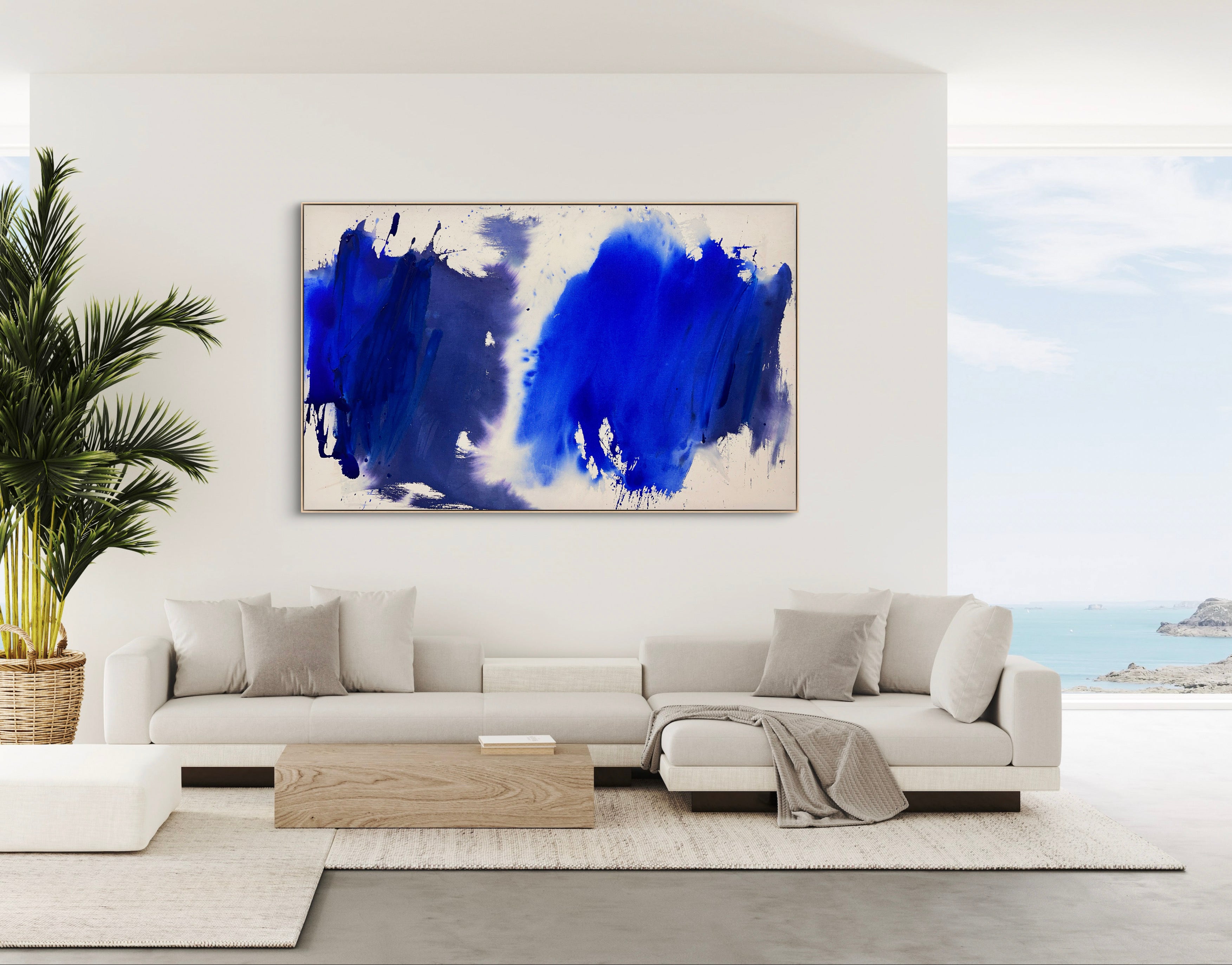 A blue and white painting on a white background.