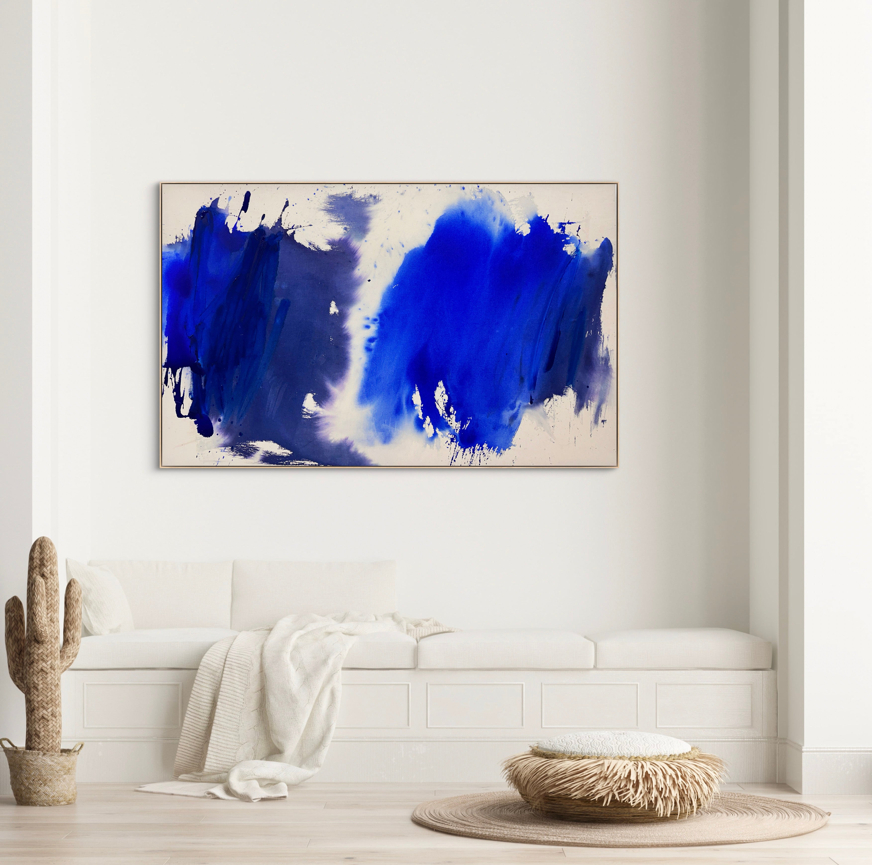 A blue and white painting on a white background.