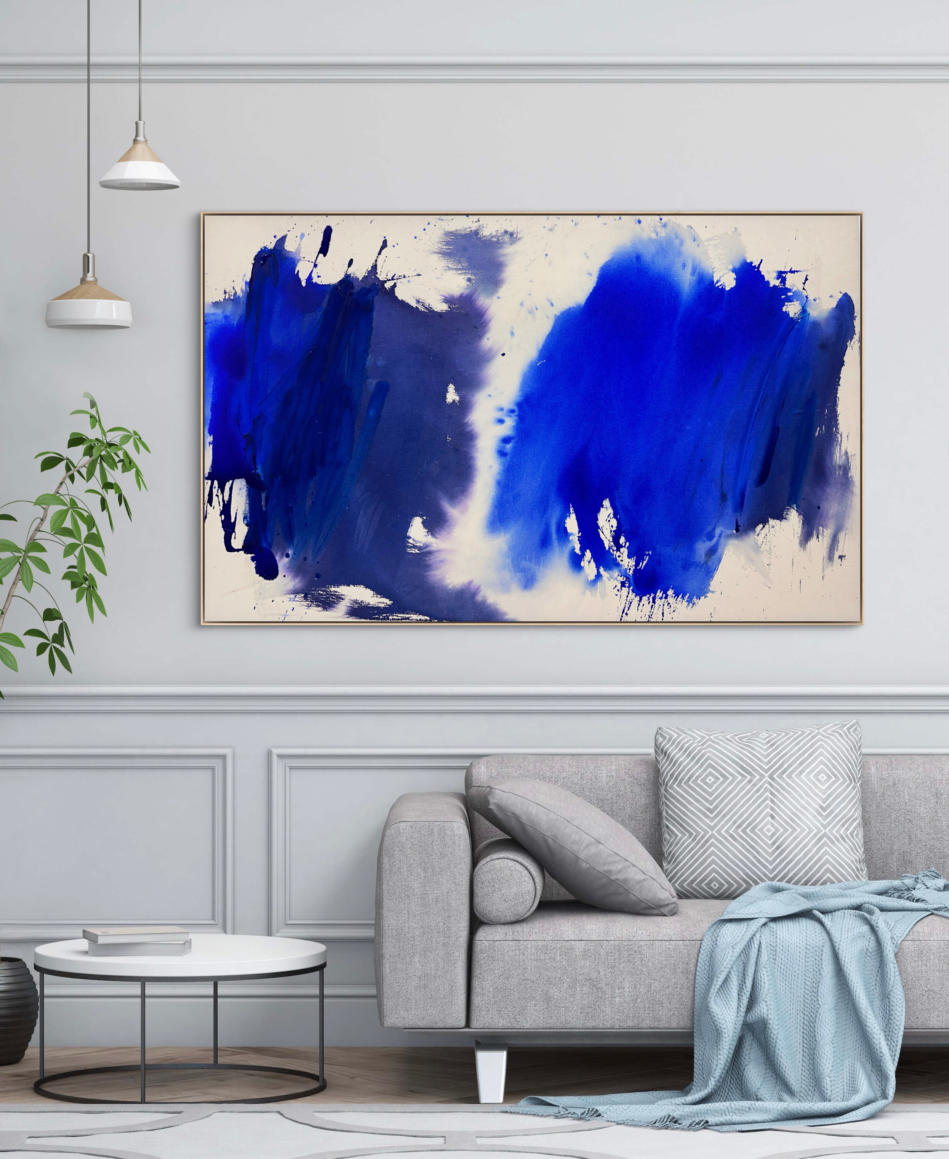 A blue and white painting on a white background.