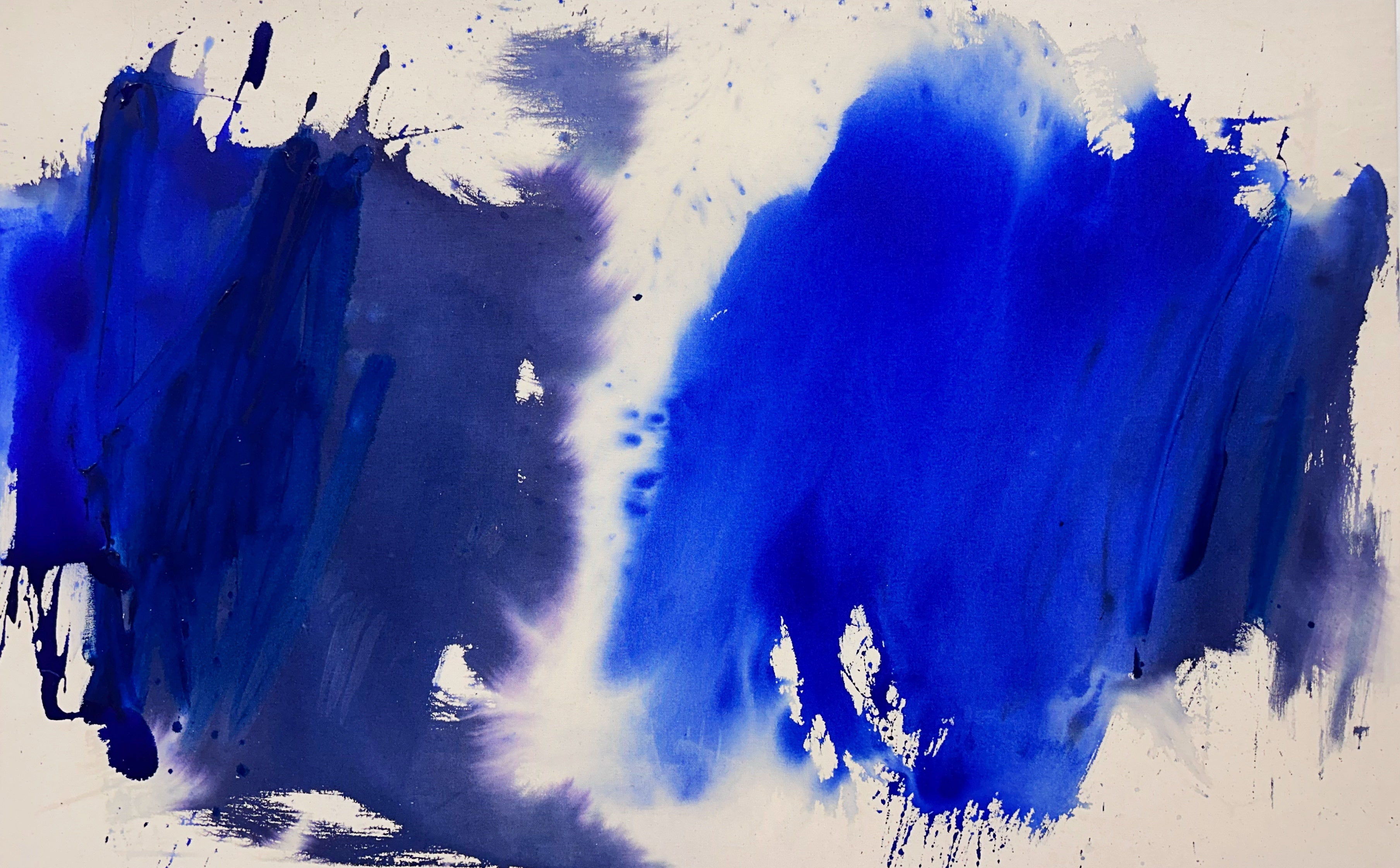 A blue and white painting on a white background.