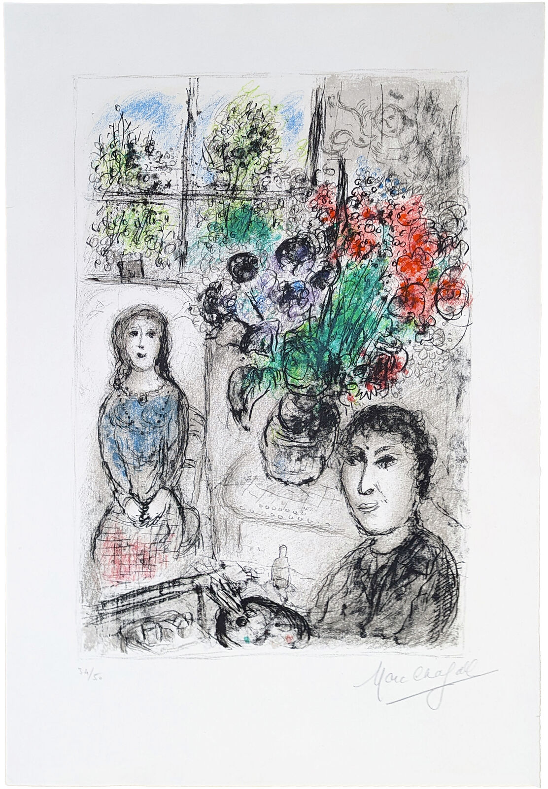 Artwork by Marc Chagall, LE CHEVALET AUX FLEURS (MOURLOT 838), Made of Lithograph 