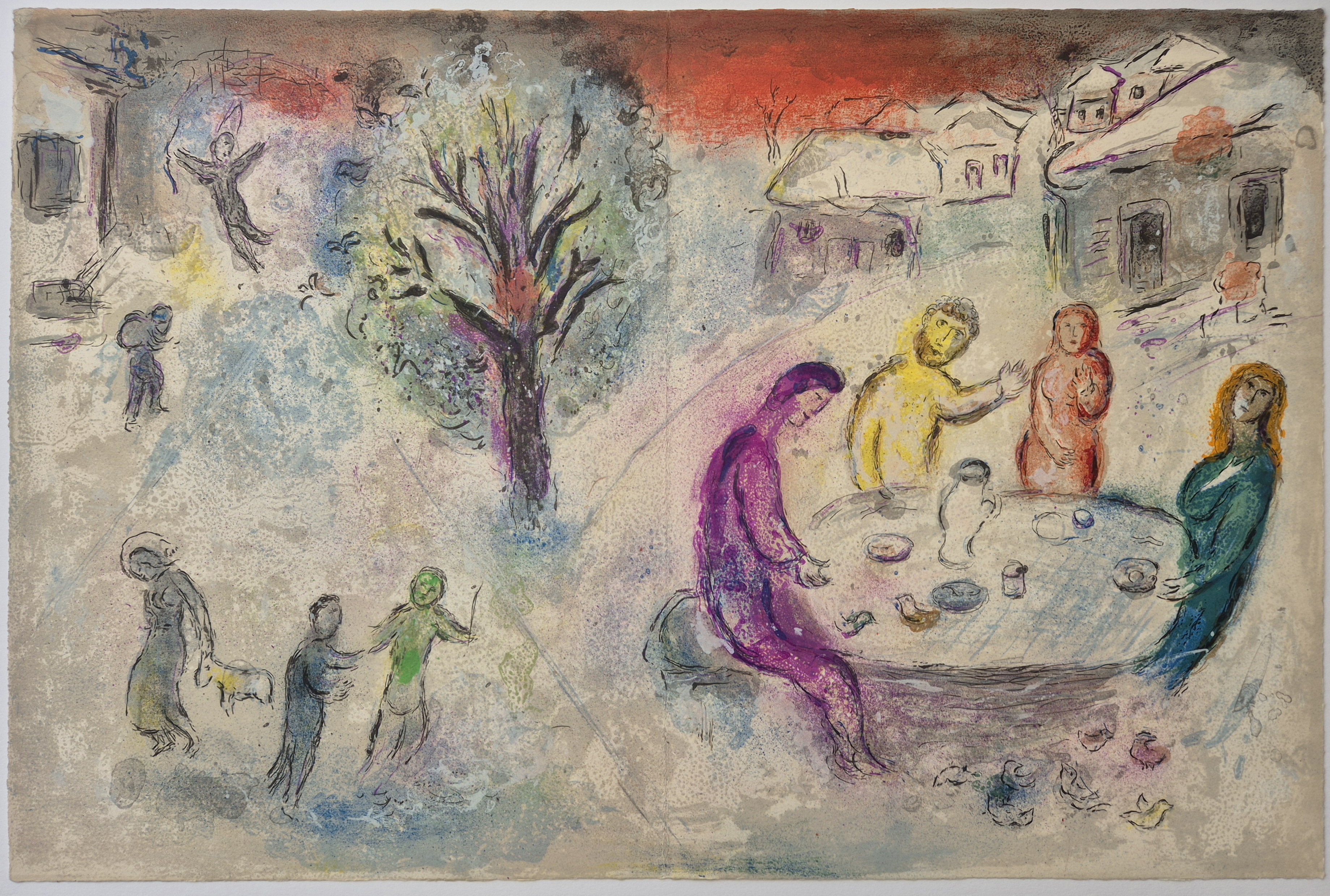 A drawing of a group of people sitting around a table.