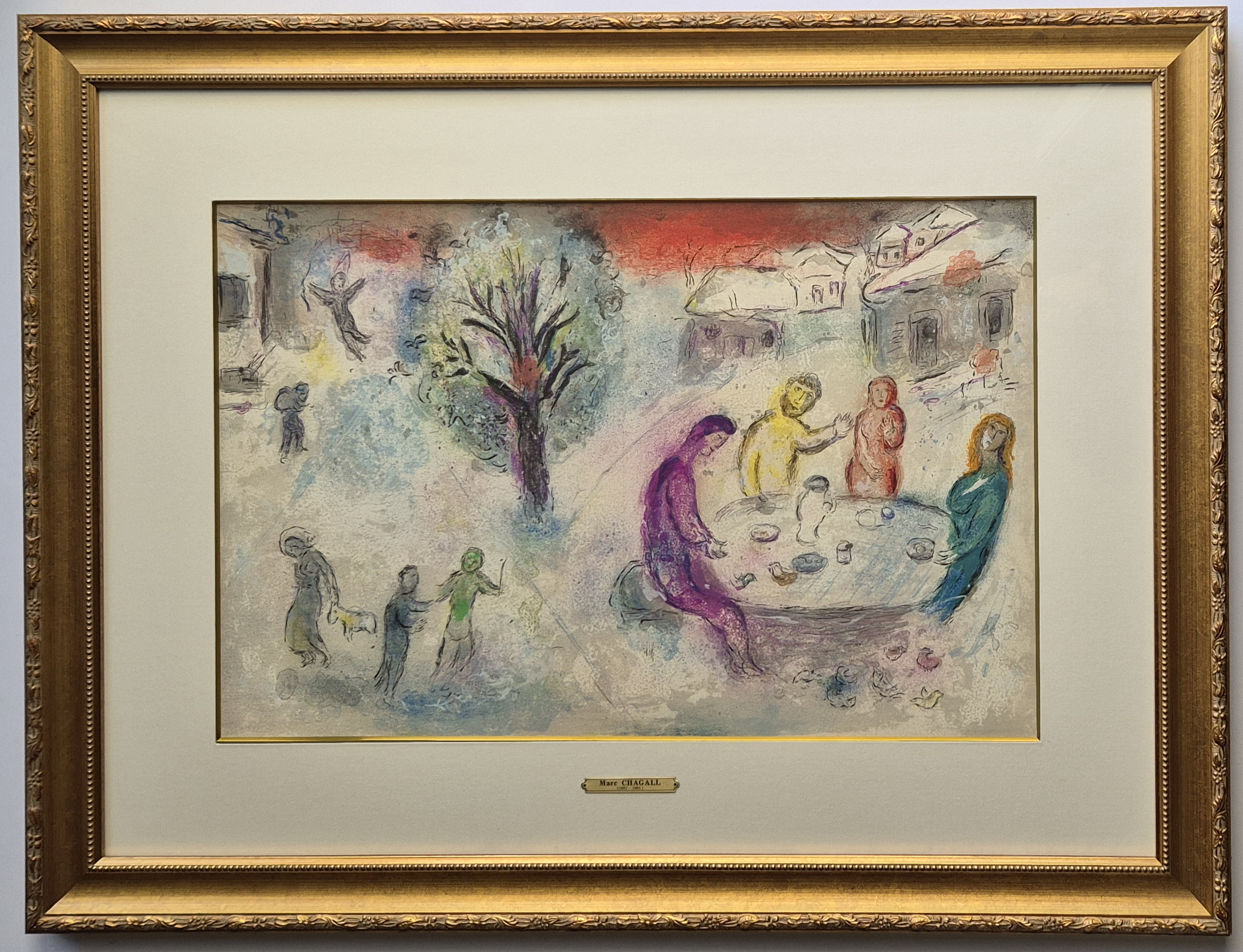 A drawing of a group of people sitting around a table.