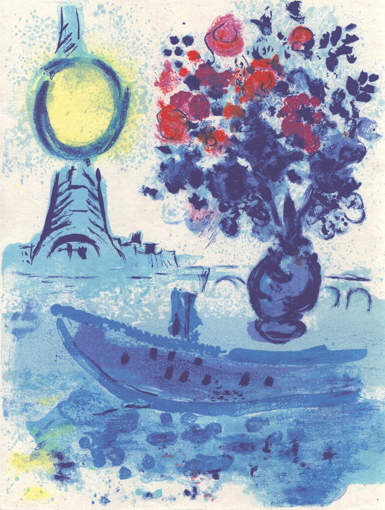 A painting of a vase of flowers on a table next to a boat.
