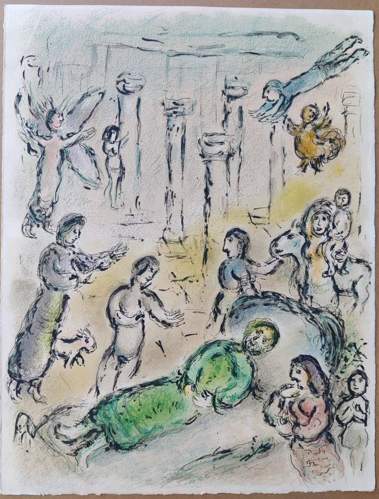 A chaotic watercolor scene depicting a crowded, mythological gathering with figures, animals, and architectural ruins.