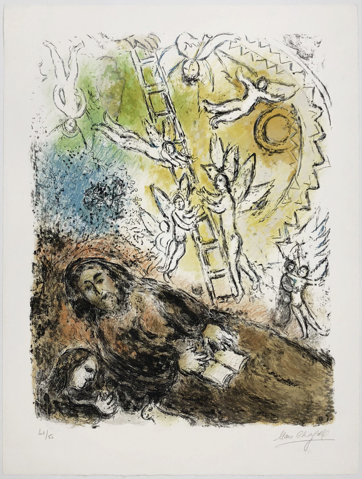 A mystical print depicting a reclining figure and winged figures ascending toward a radiant sun.