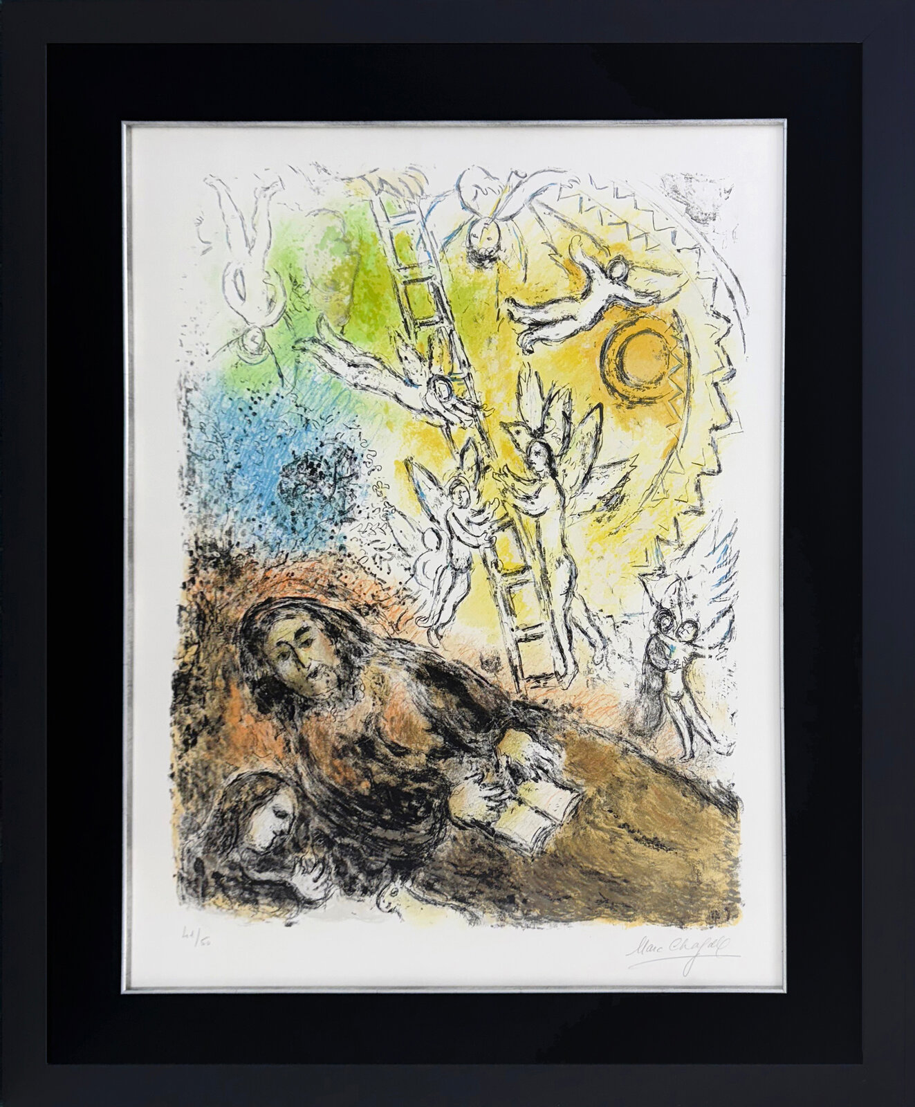 A mystical print depicting a reclining figure and winged figures ascending toward a radiant sun.
