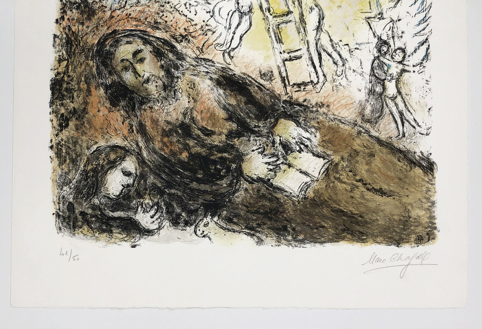 A mystical print depicting a reclining figure and winged figures ascending toward a radiant sun.