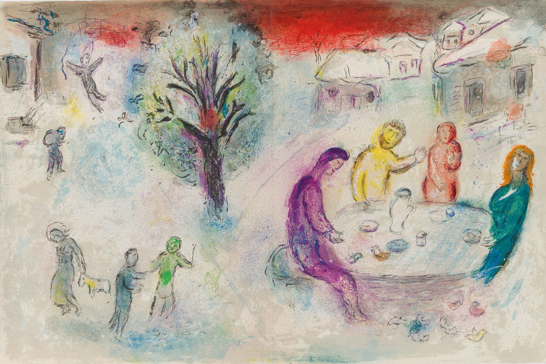 Artwork by Marc Chagall, Le Repas Chez Dryas, Made of Lithograph Printed In Colors On Arches Wove Paper 