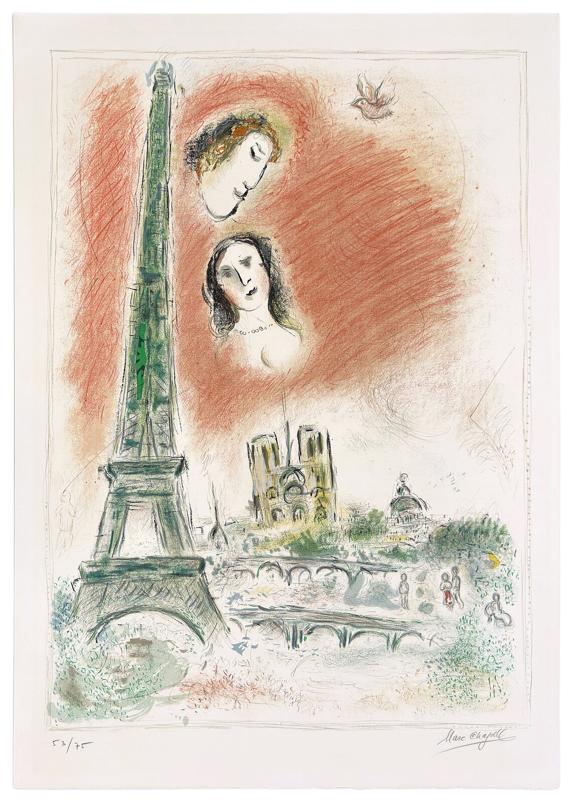 A whimsical illustration blending Parisian landmarks with dreamlike portraits and a vibrant red atmosphere.