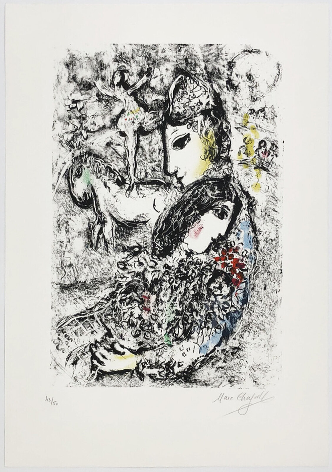 A framed etching featuring two stylized figures in a monochromatic sketch with selective color accents.