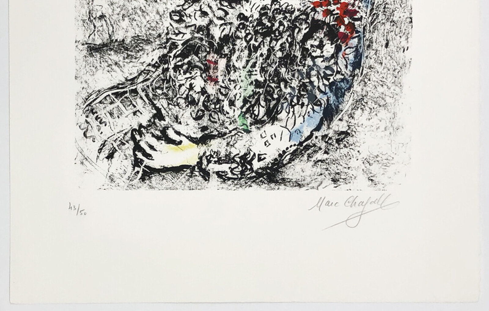 A framed etching featuring two stylized figures in a monochromatic sketch with selective color accents.
