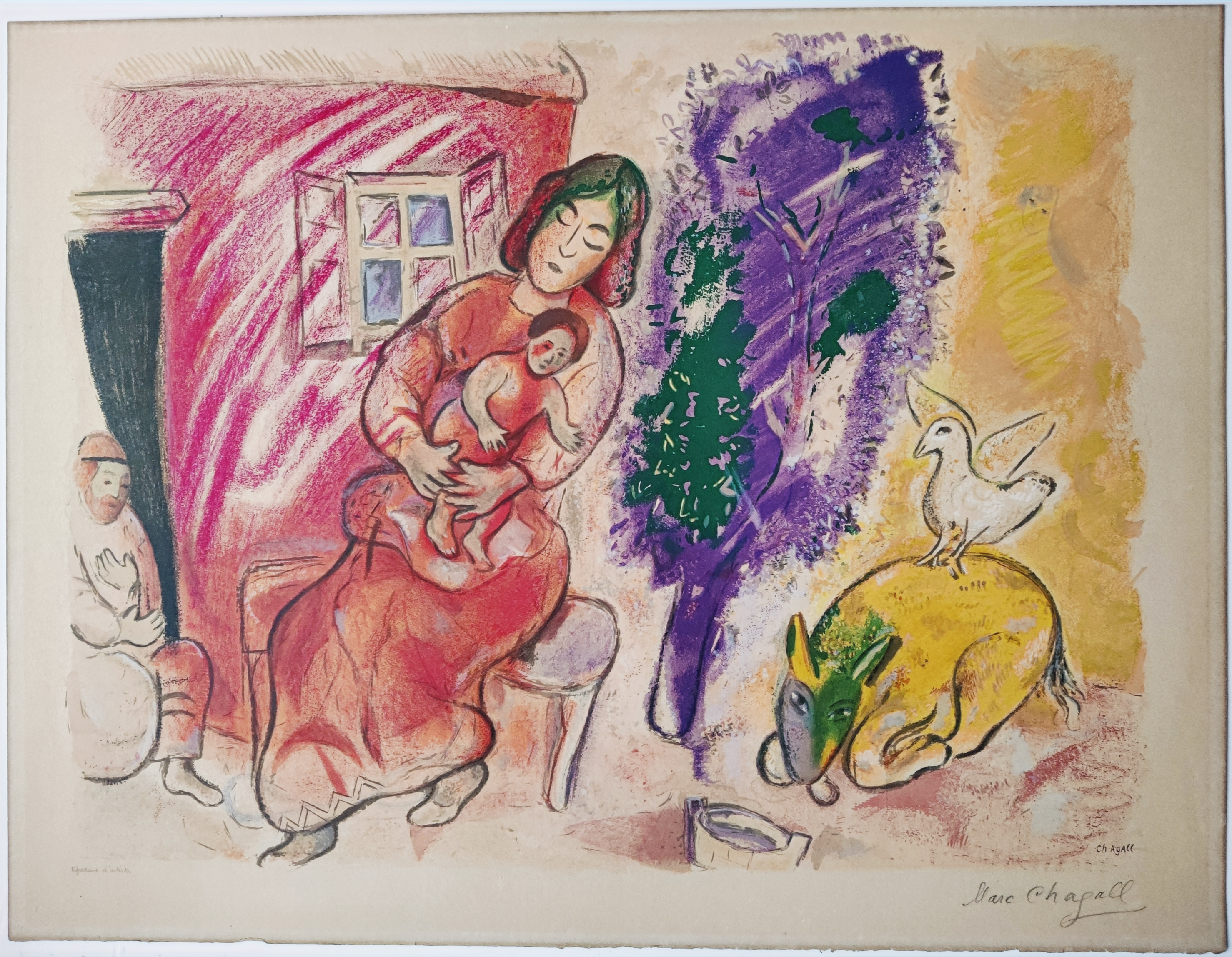 A colorful print of a seated figure holding a baby, surrounded by animals and vibrant abstract shapes.