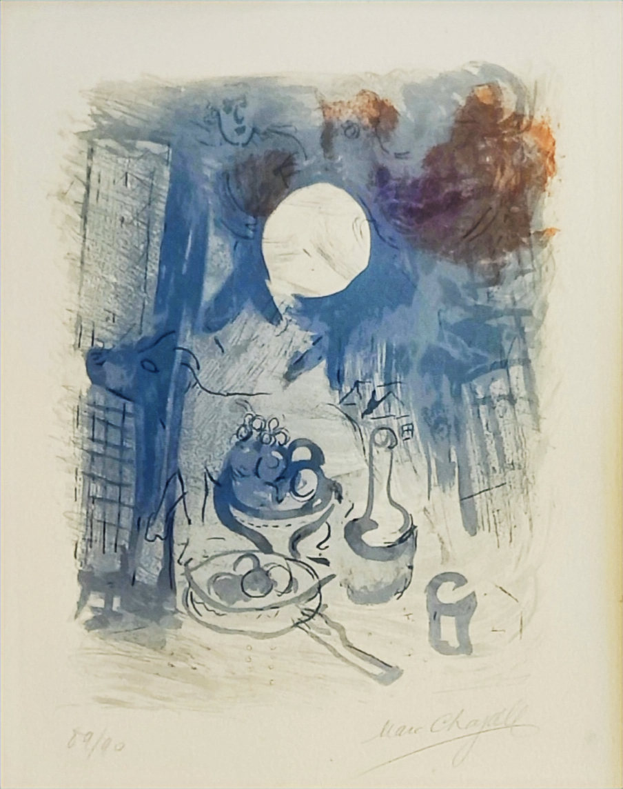 A monochromatic still life featuring a bowl of fruit, a pitcher, and a vase against an abstract blue background.