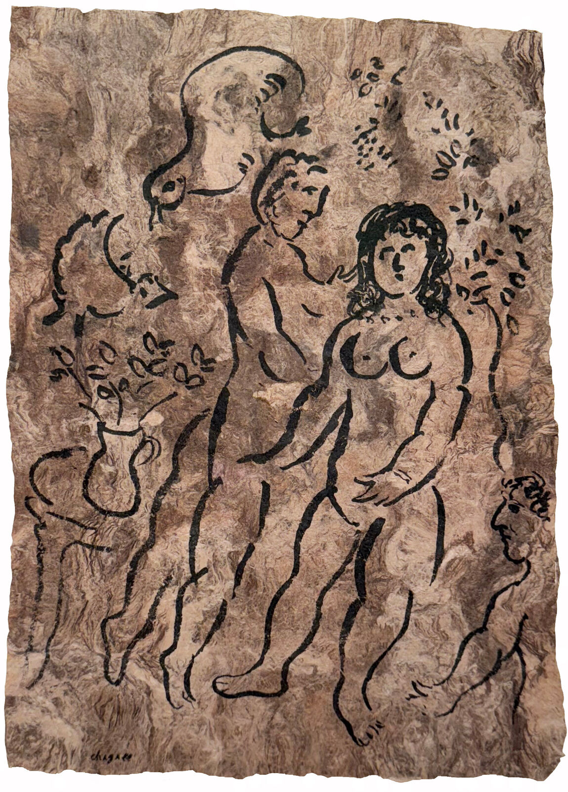Artwork by Marc Chagall, Rencontre sur fond boisé, Made of India ink on brown paper 