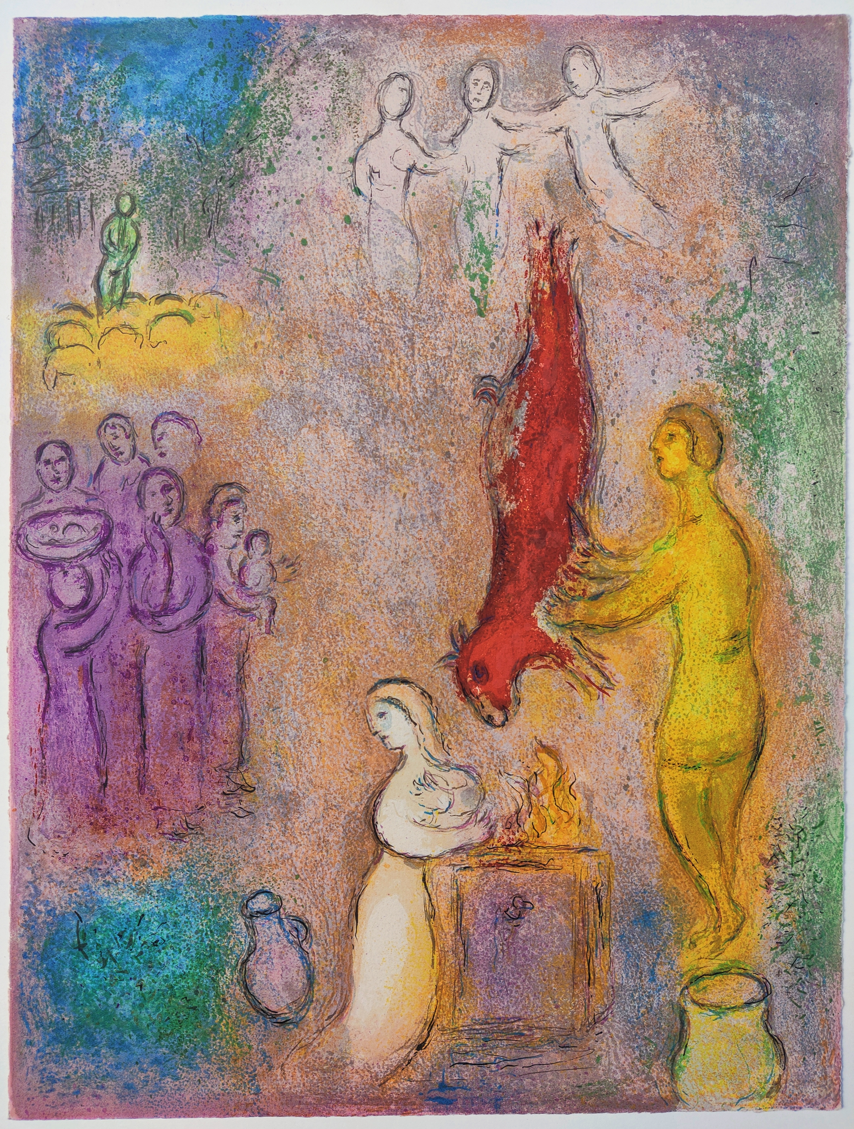 A drawing of a woman standing in front of a fire.
