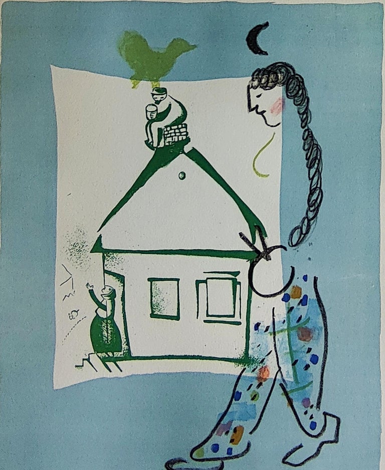 A framed print of a woman walking past a house.