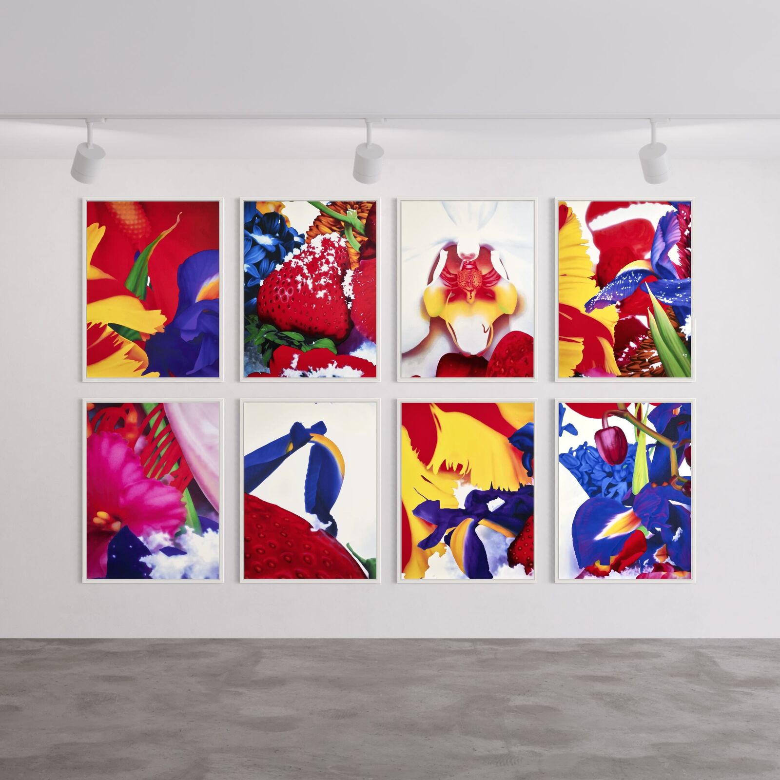 A group of six paintings hanging on a wall in a room.