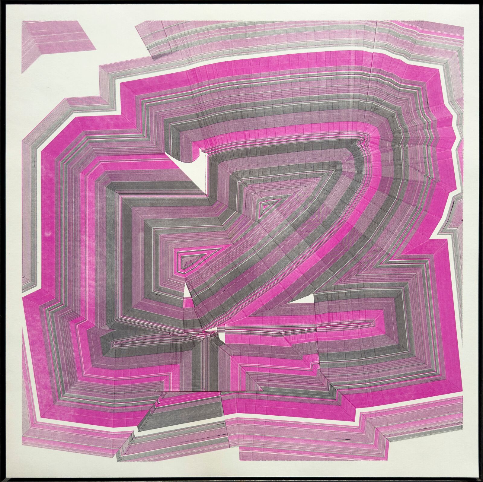 A pink and gray abstract painting on a white background.