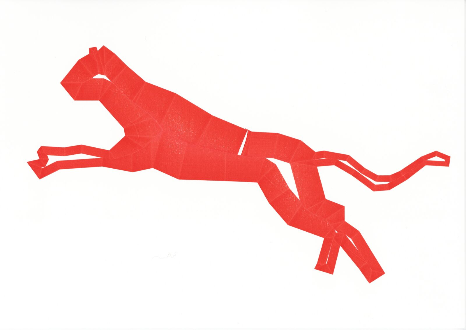 A red paper cut out of a horse on a white background.
