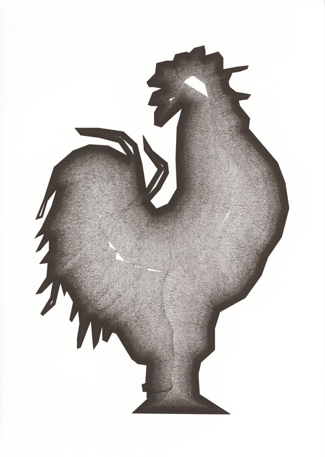 A black and white drawing of a rooster.