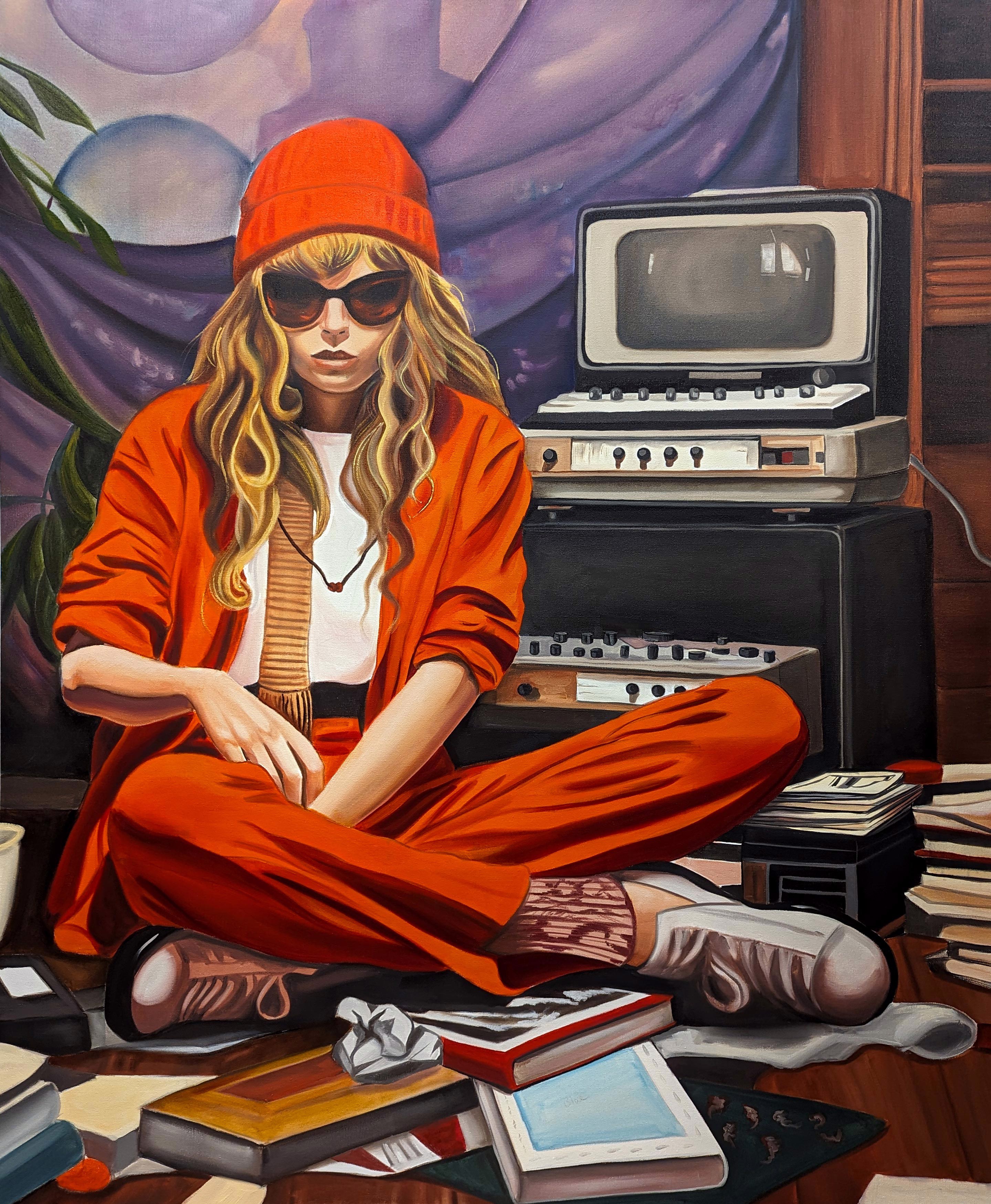 A painting of a woman sitting on the floor in front of a television.