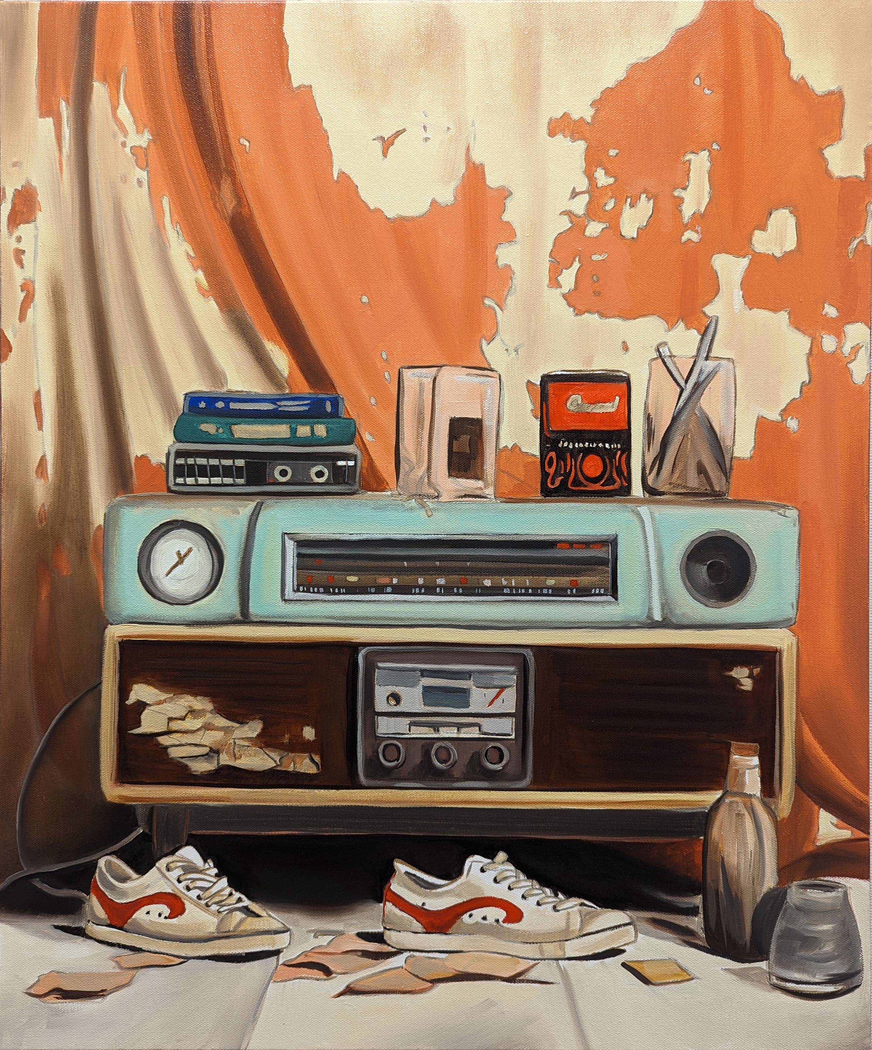 A painting of a boombox and a pair of shoes on a table.