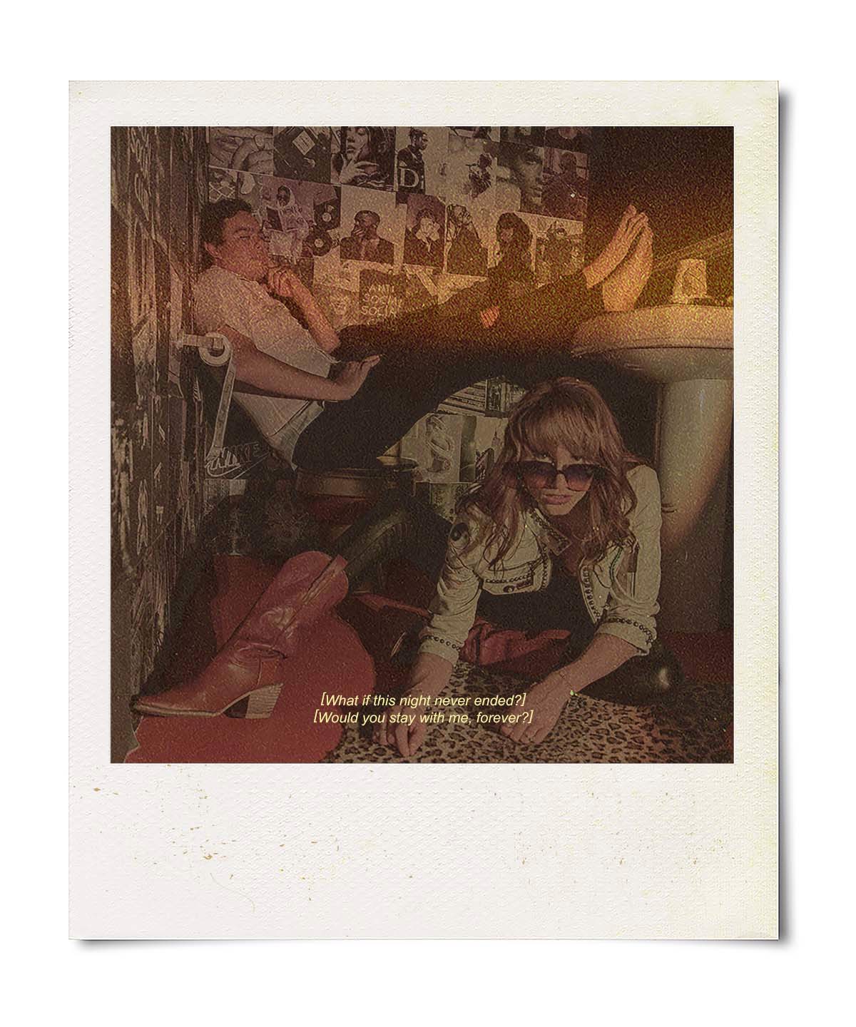A polaroid photo of a woman sitting on the floor next to a toilet.