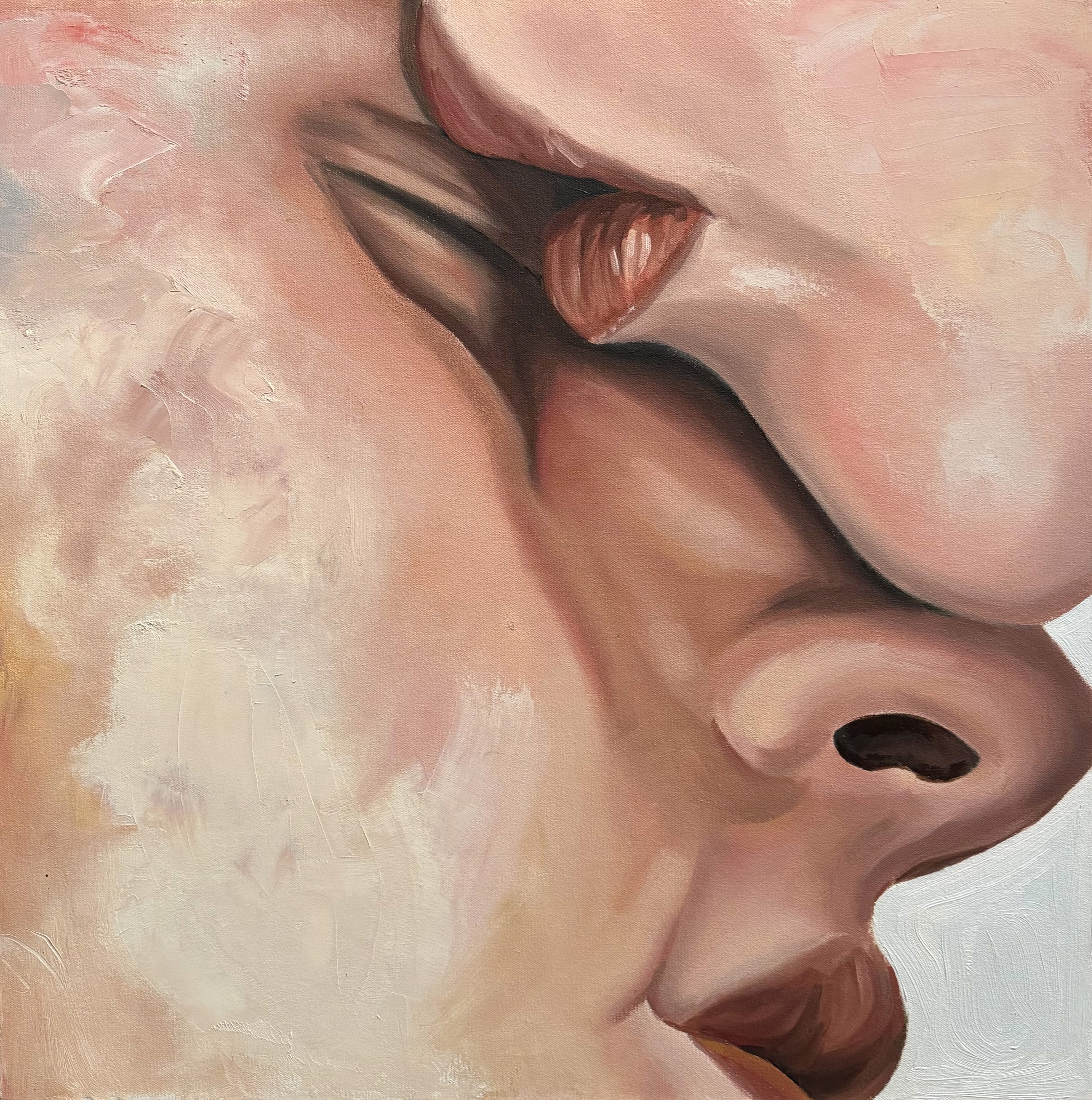 A painting of a woman's face with her eyes closed.
