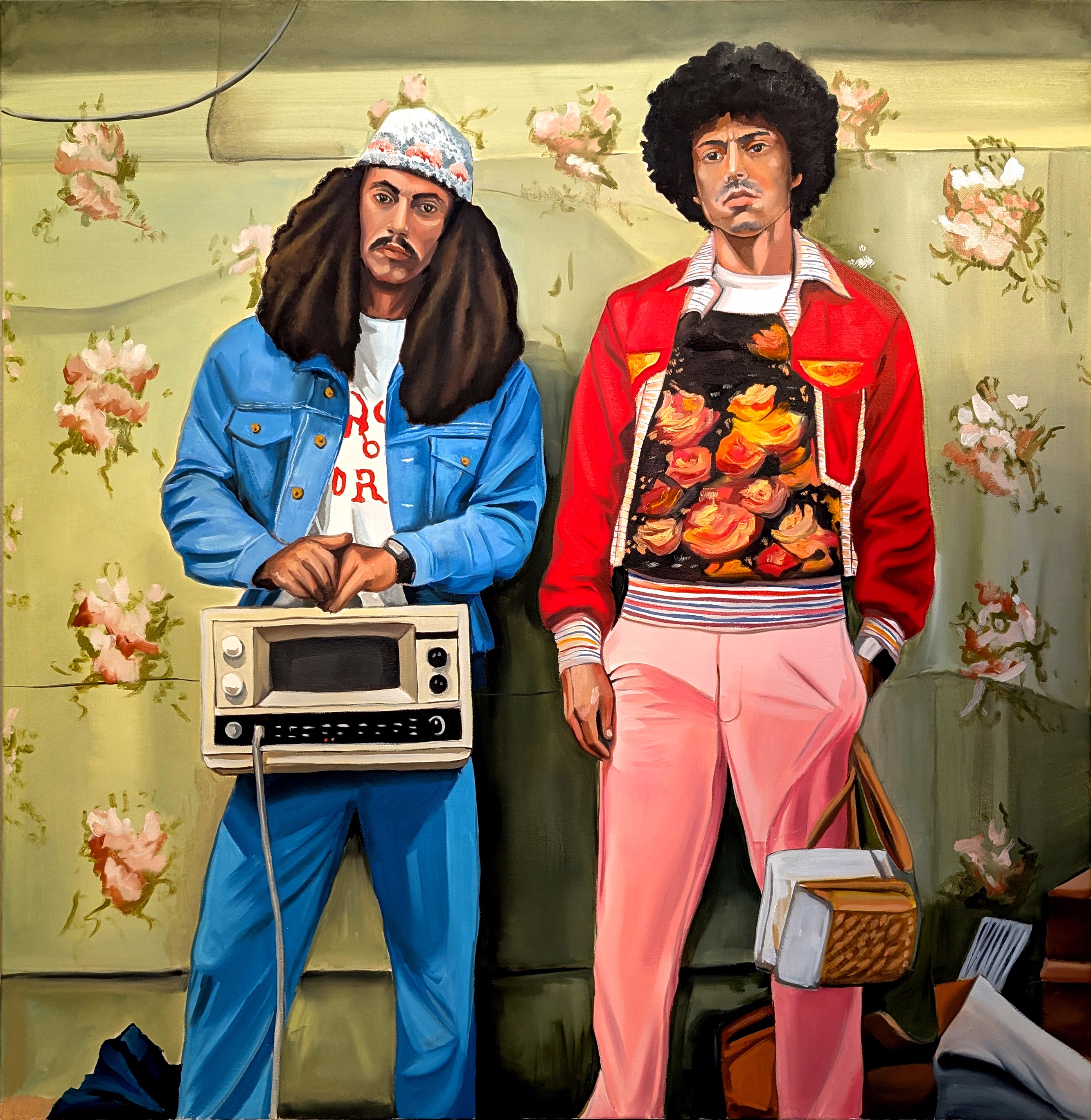 A painting of two men standing next to each other.