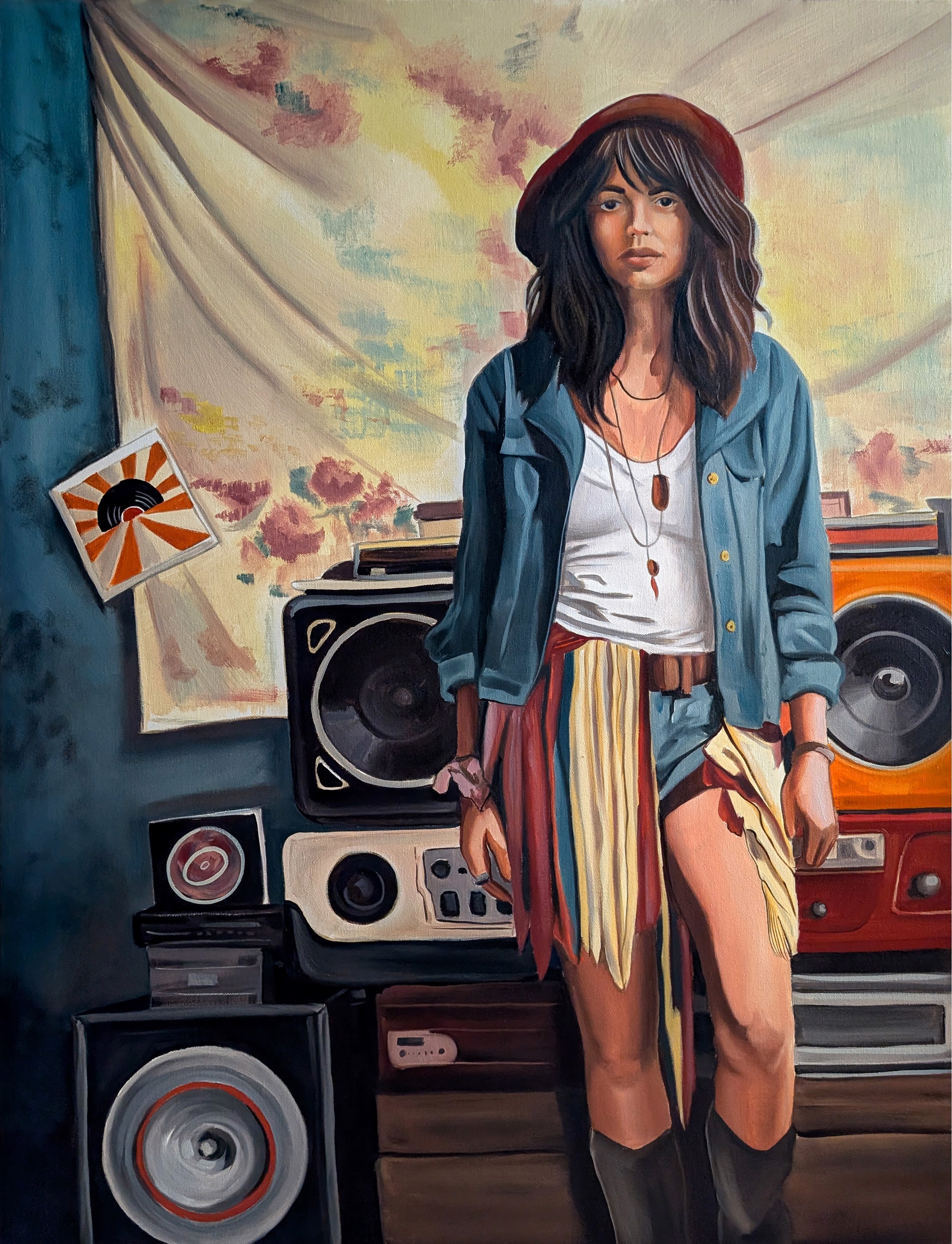 A painting of a woman standing in front of a boombox.