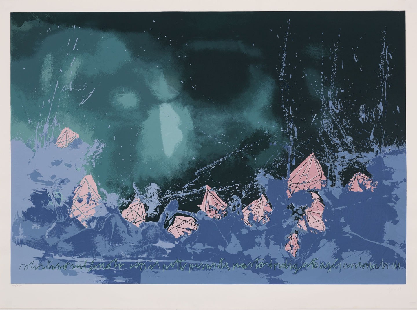 A surreal composition of pink geometric shards emerging from a blue and teal abstract landscape.
