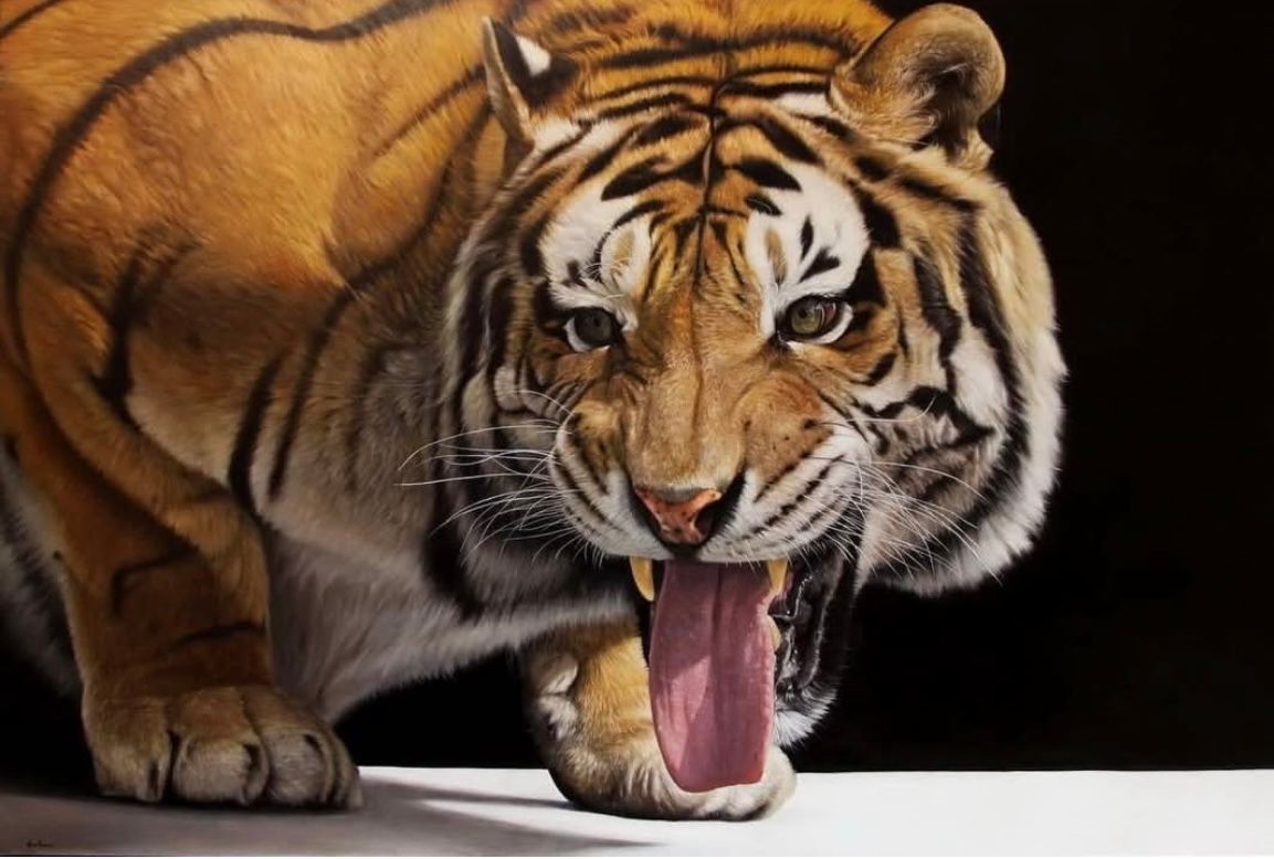 A painting of a tiger with its mouth open and tongue out.