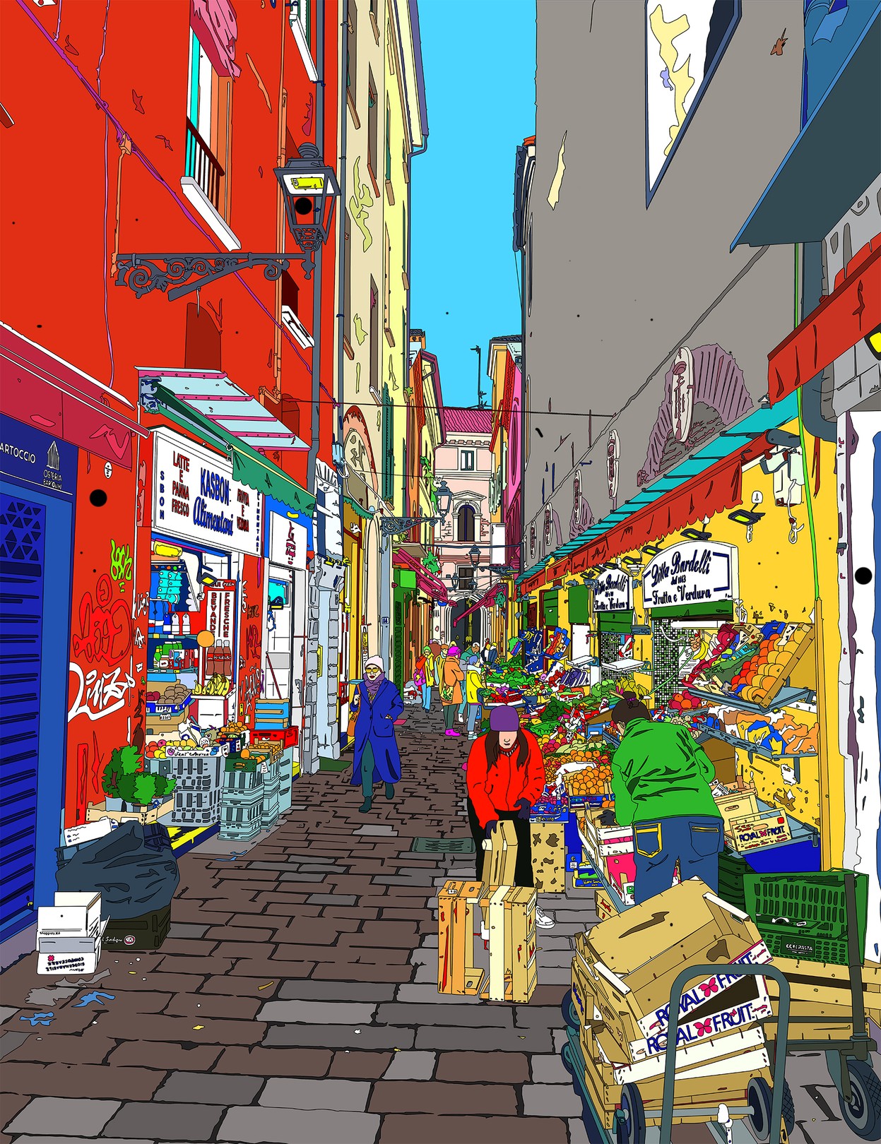 A vibrant street market scene rendered in a bold, graphic style with vivid colors and detailed storefronts.