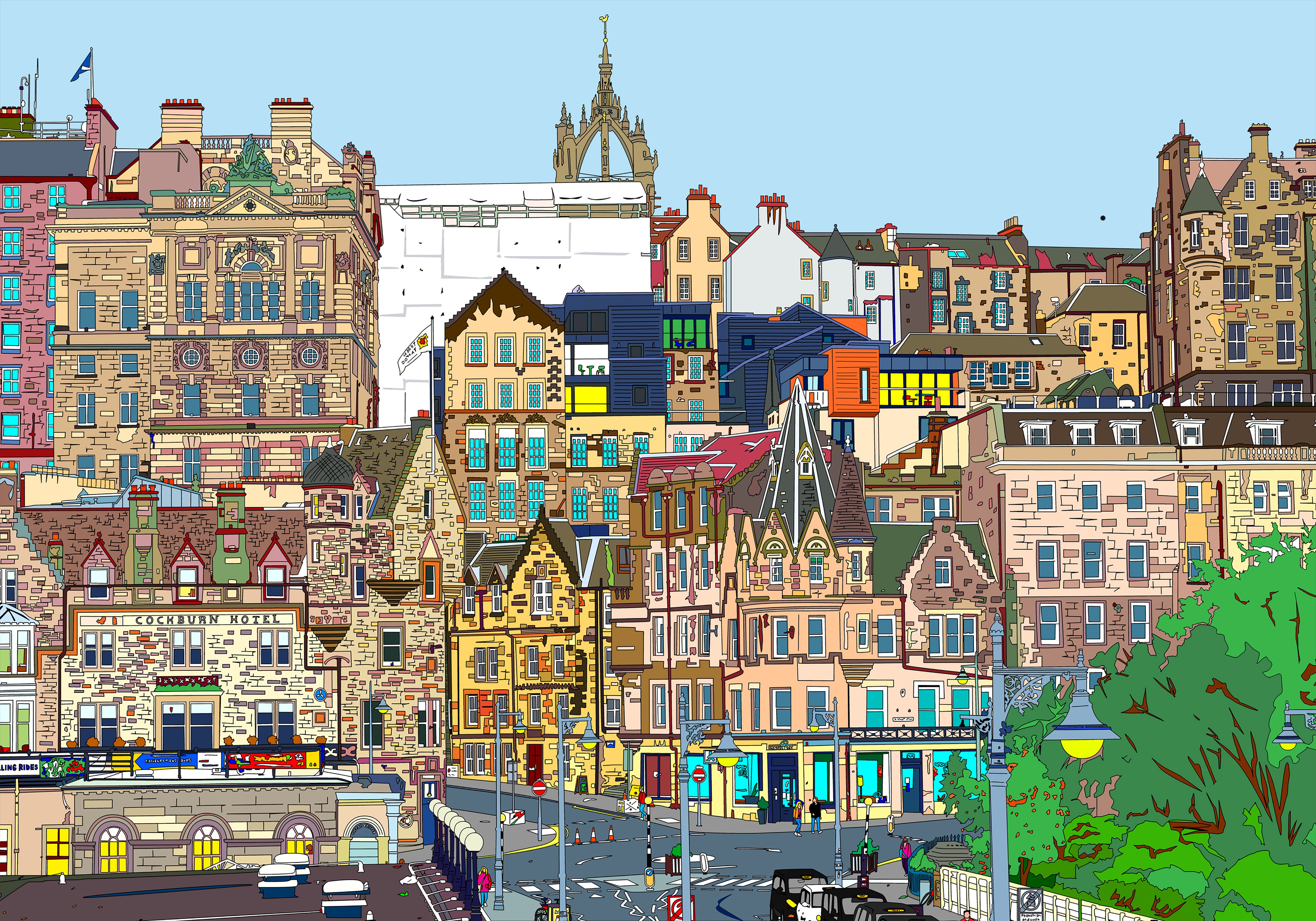 A view of a city with many buildings and a clock tower.