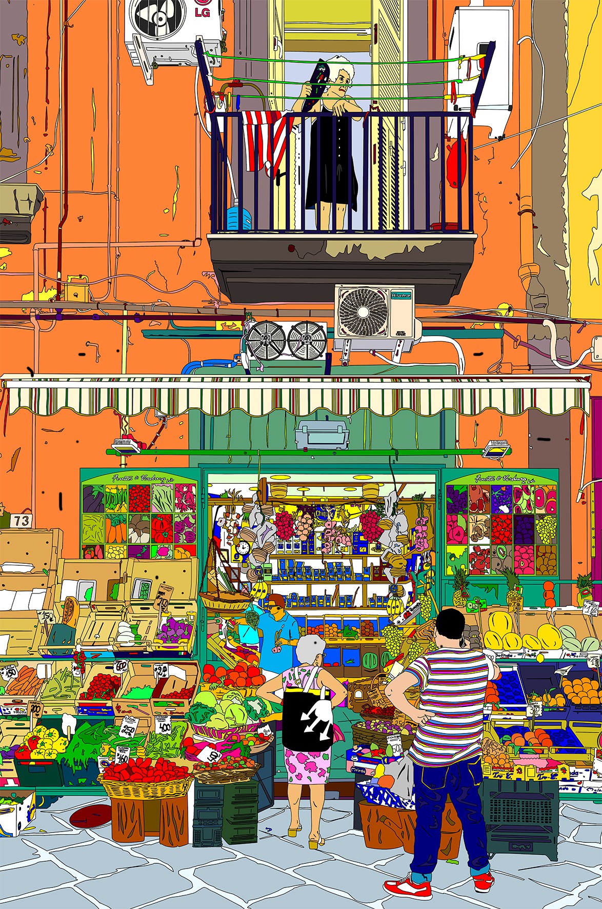 A vibrant street scene featuring a colorful grocery market with a figure on an upper balcony.