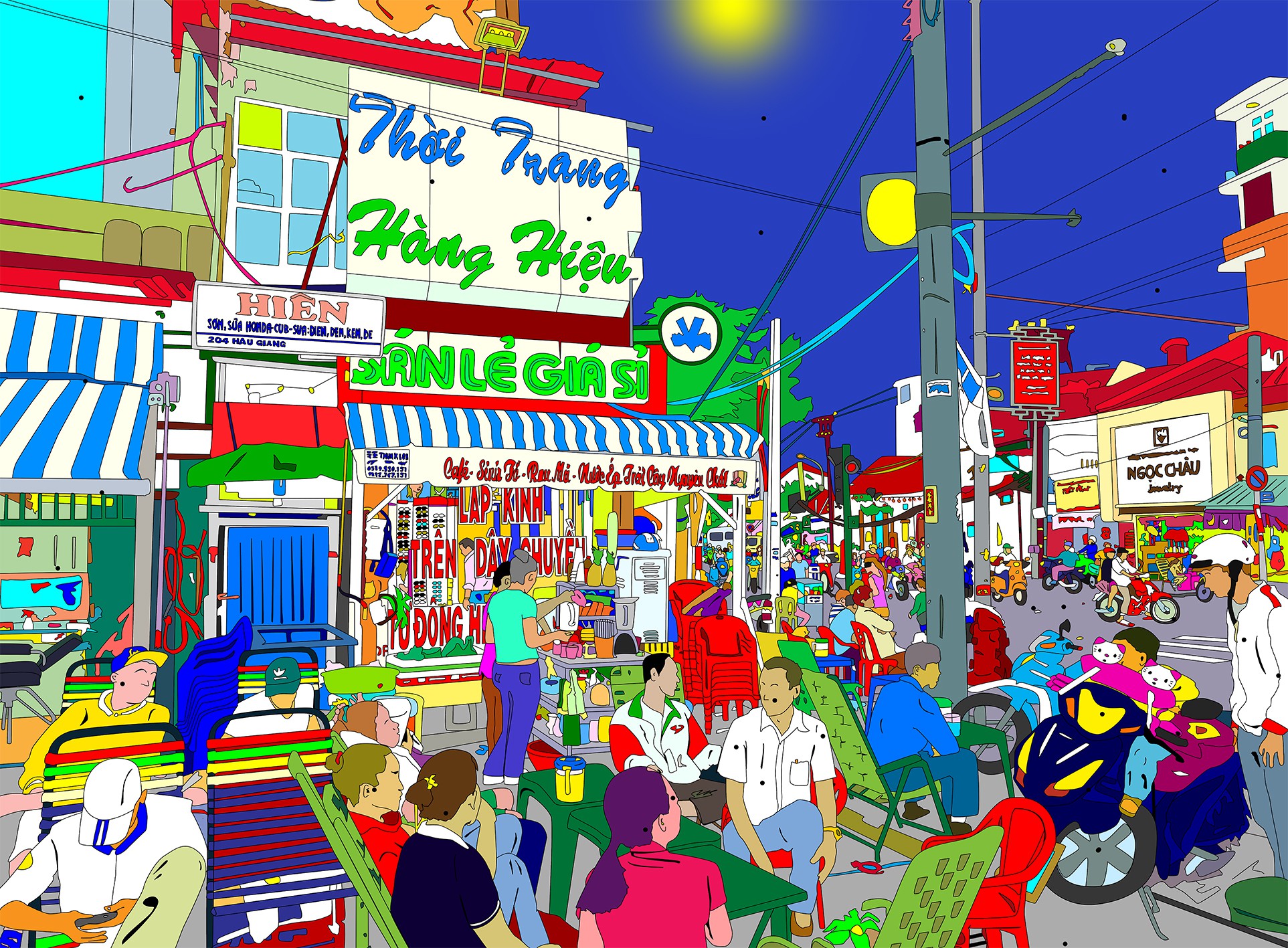 A vibrant, stylized street scene filled with colorful storefronts and a bustling crowd.