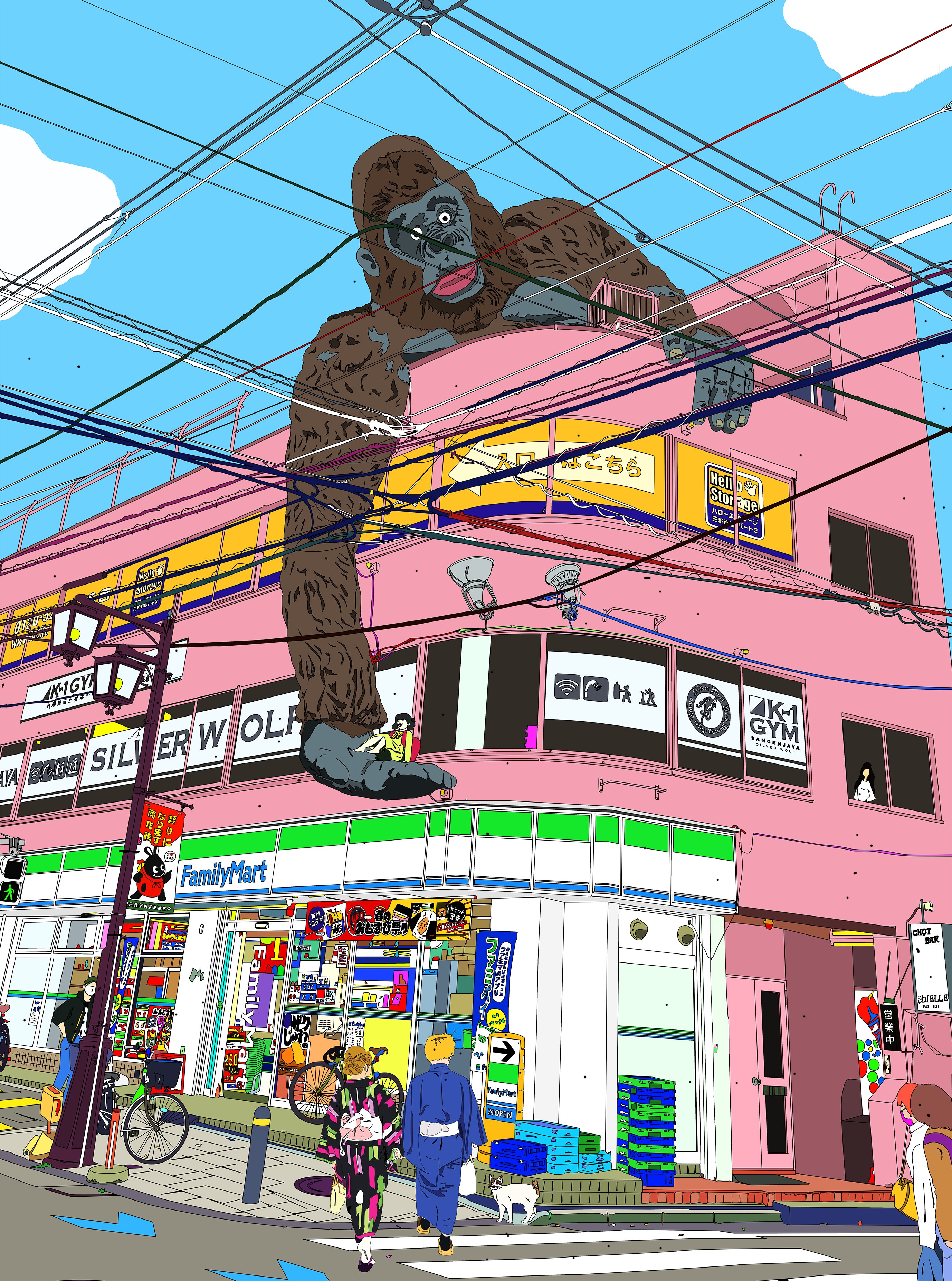 A surreal street scene where a giant ape looms over a pink building filled with shops and pedestrians.