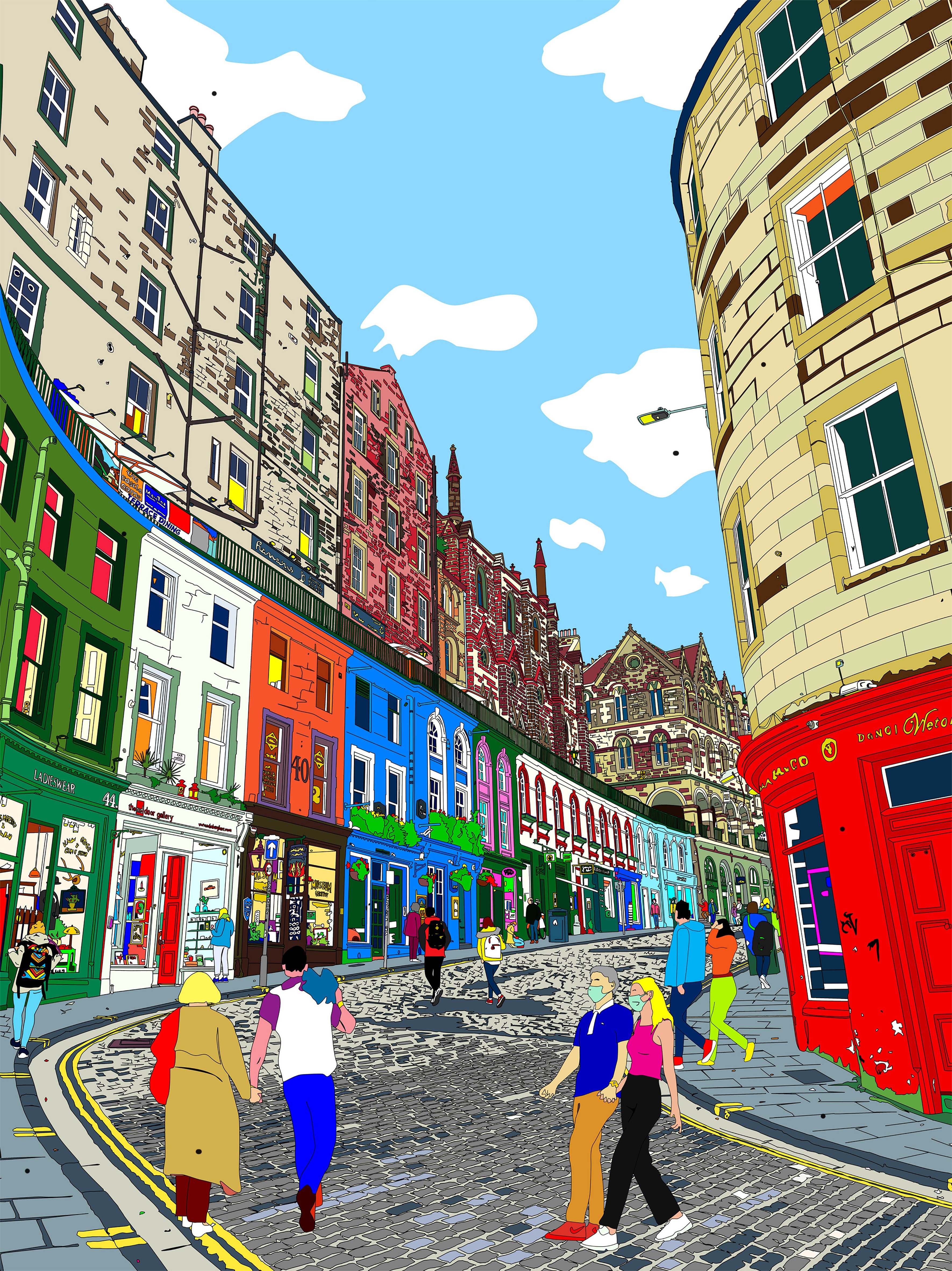 A group of people walking down a cobblestone street in a city.