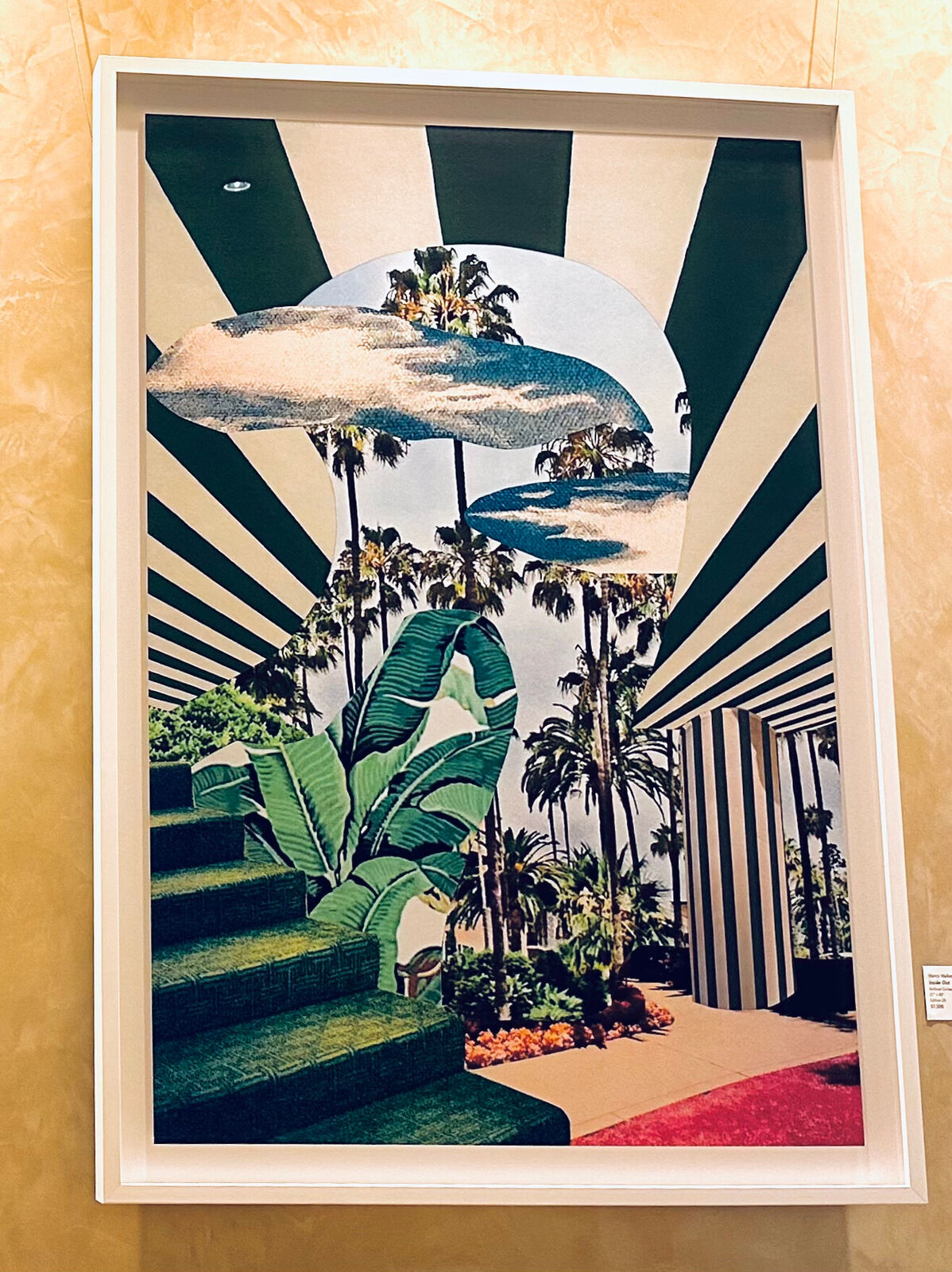 A collage of a green and white striped awning with palm trees in the background.