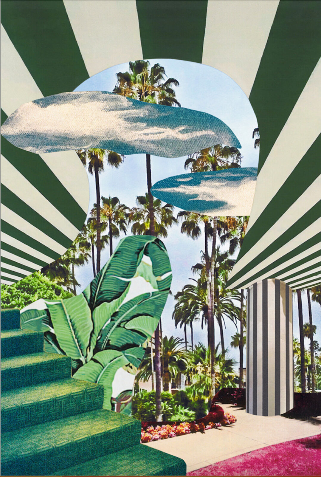 A collage of a green and white striped awning with palm trees in the background.